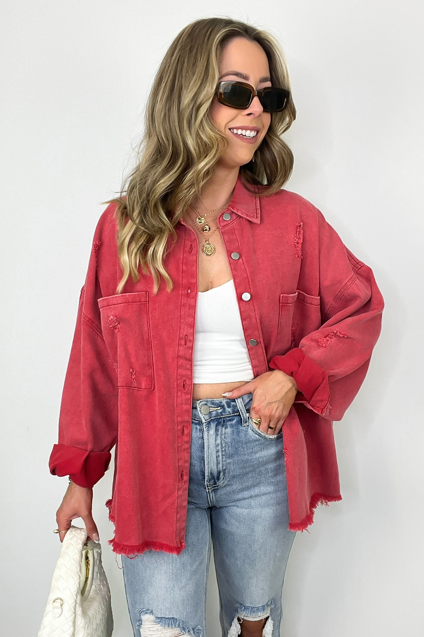 Distressed red denim fashion jacket