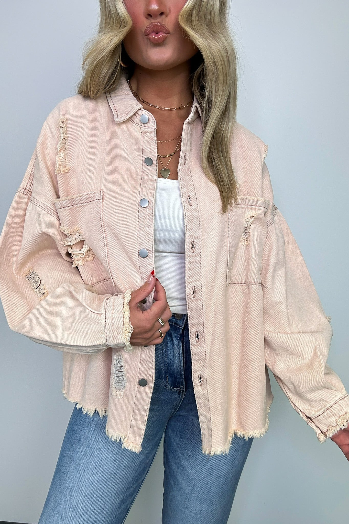 Pink Beige / S Wynn Oversized Distressed Denim Jacket - Madison and Mallory