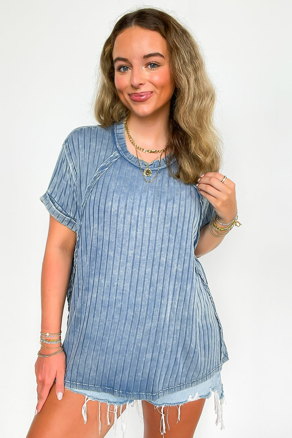Dusty Blue / SM Zandrah Ribbed Raglan Knit Top - Madison and Mallory