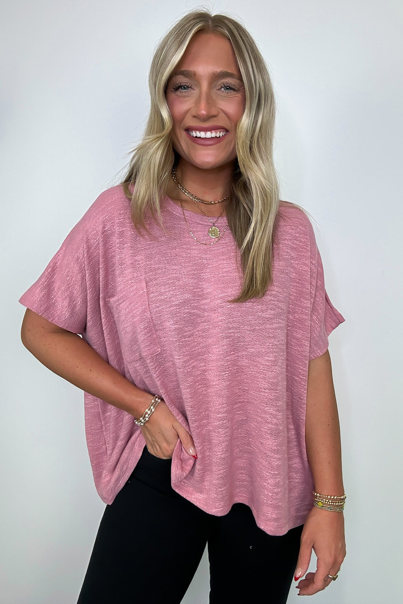 Light Rose / SM Zen Zone Oversized Knit Pocket Top - BACK IN STOCK - Madison and Mallory