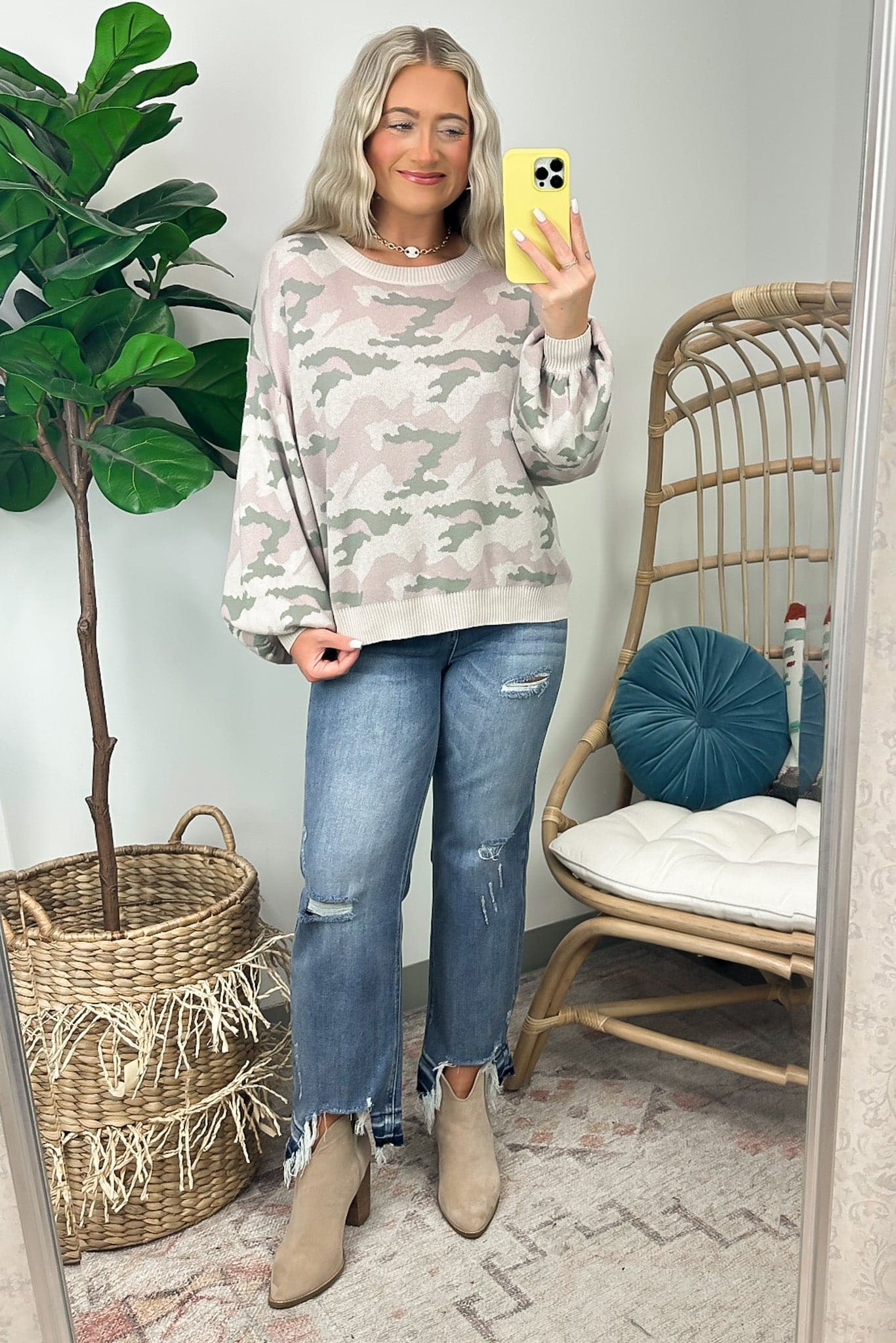  Ziem Camo Balloon Sleeve Knit Sweater - BACK IN STOCK - Madison and Mallory