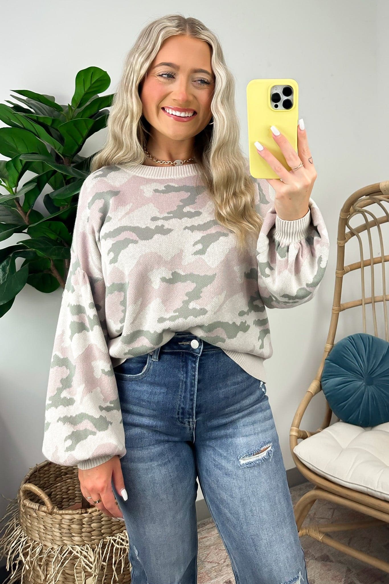  Ziem Camo Balloon Sleeve Knit Sweater - BACK IN STOCK - Madison and Mallory