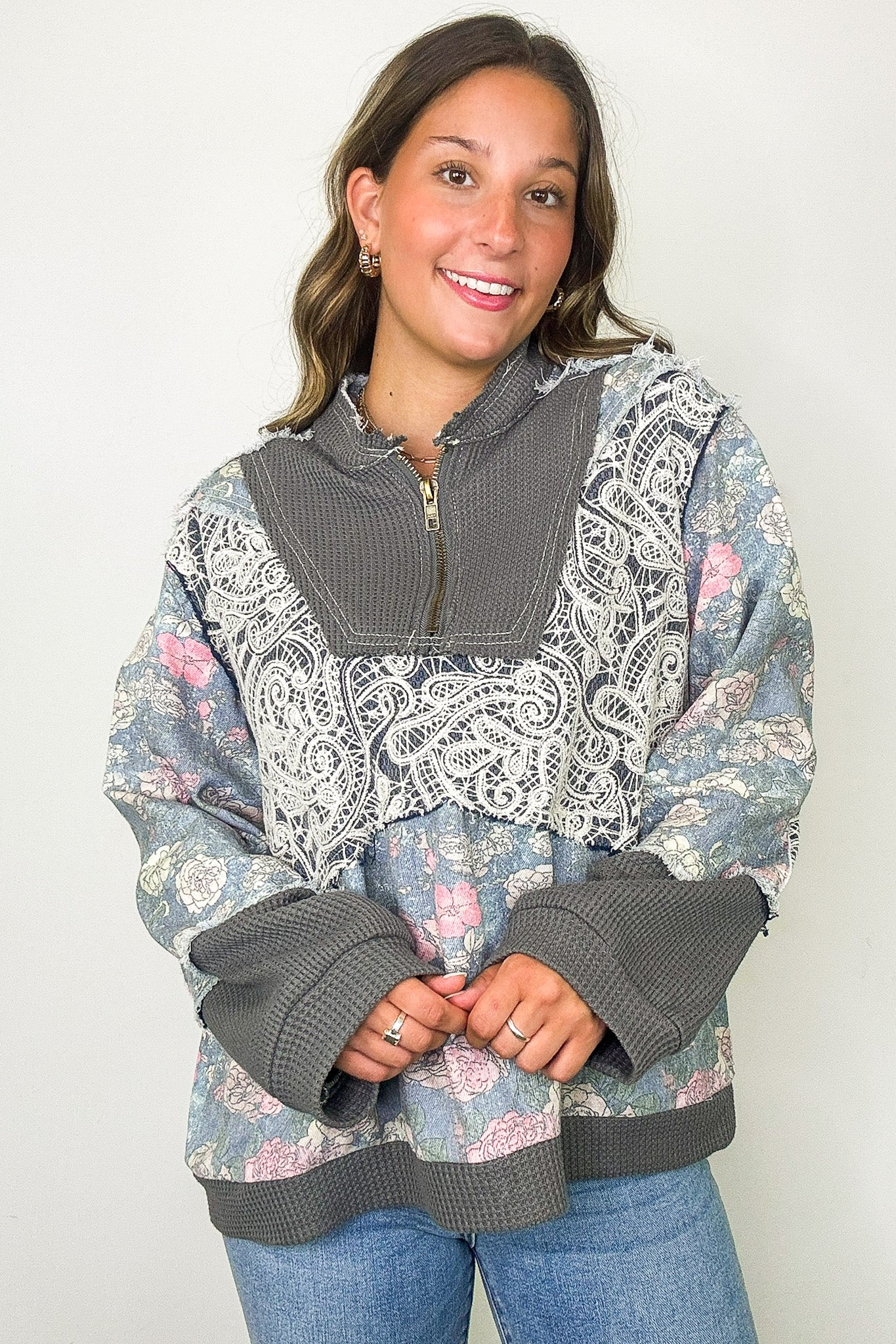 Zip & Bloom Floral and Lace 1/4 Zip Pullover - Madison and Mallory