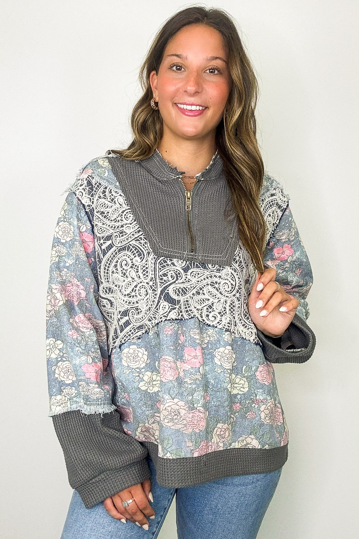 Blue Floral Multi / S Zip & Bloom Floral and Lace 1/4 Zip Pullover - Madison and Mallory