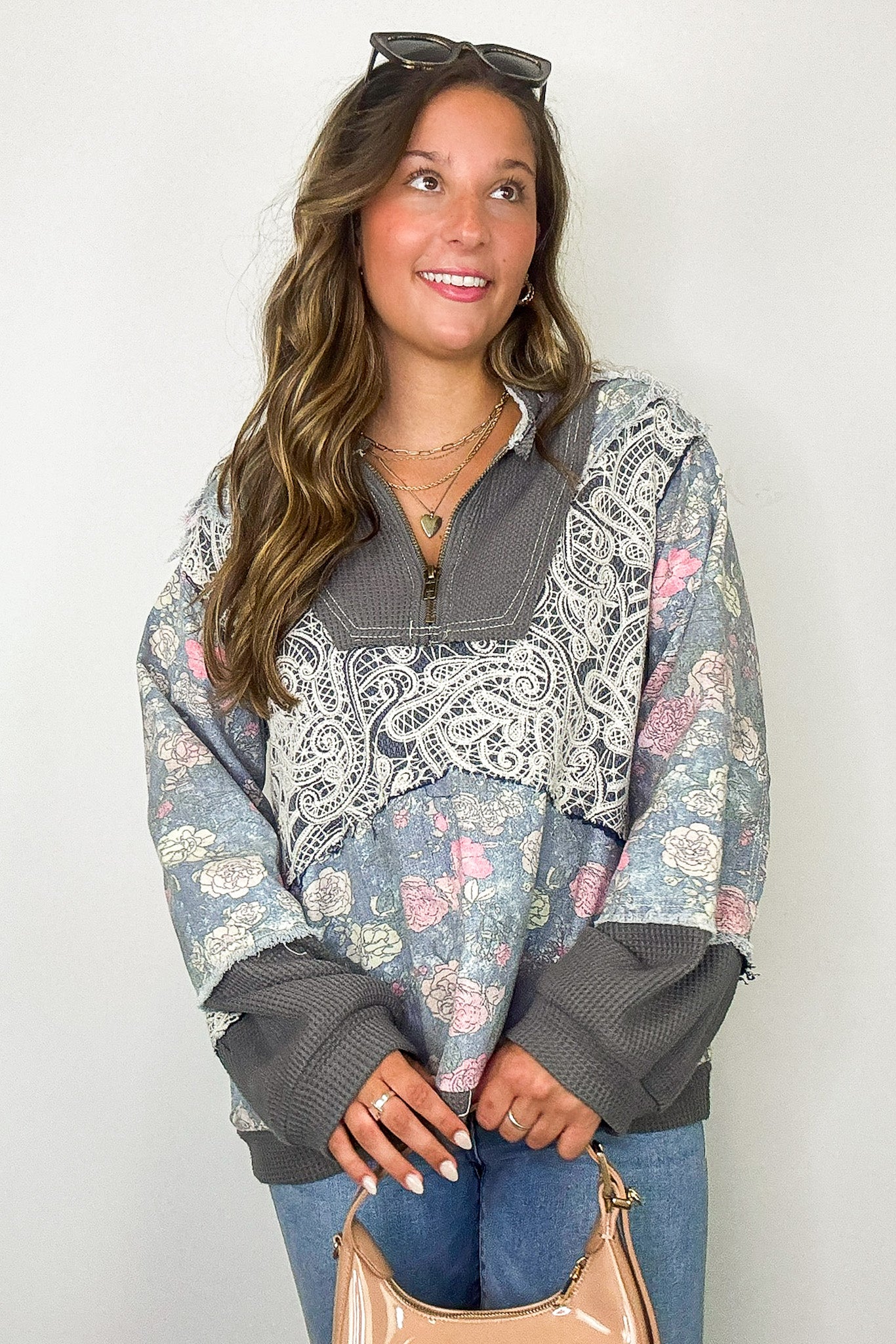 Zip & Bloom Floral and Lace 1/4 Zip Pullover - Madison and Mallory