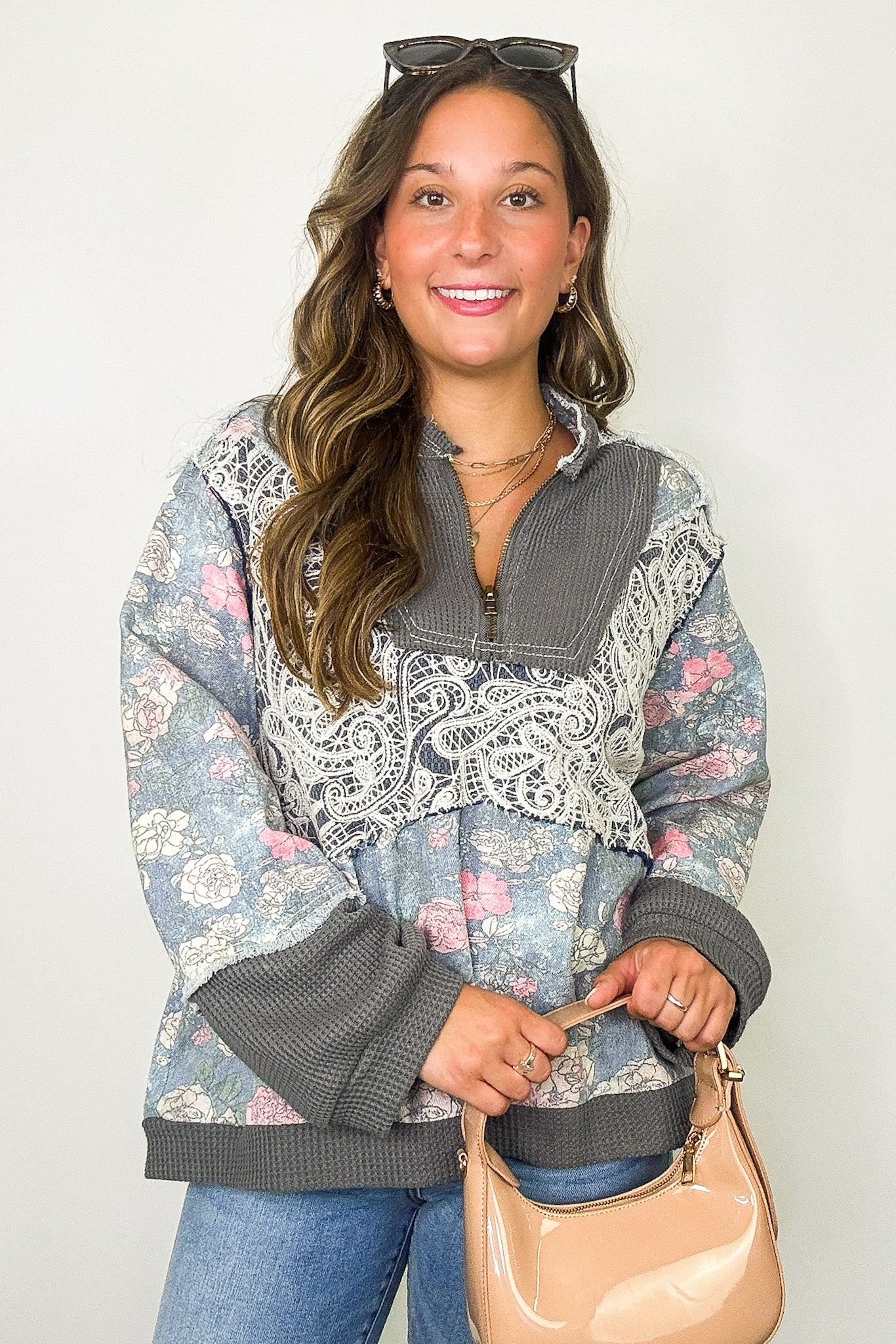 Zip & Bloom Floral and Lace 1/4 Zip Pullover - Madison and Mallory