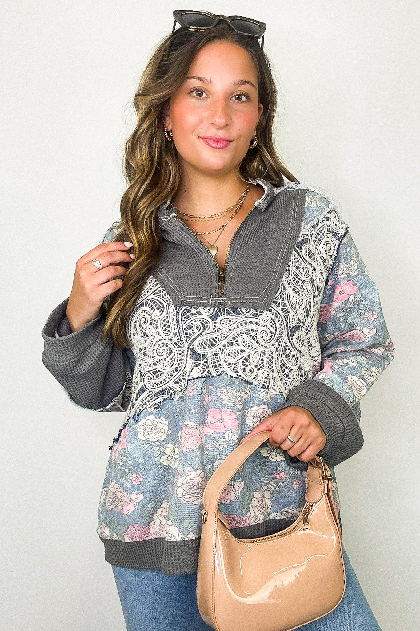 Zip & Bloom Floral and Lace 1/4 Zip Pullover - Madison and Mallory