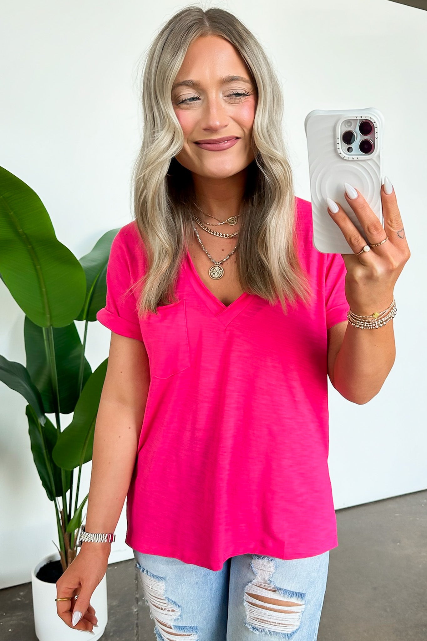 Pink / S Zoie V-Neck Relaxed Pocket Tee - Madison and Mallory