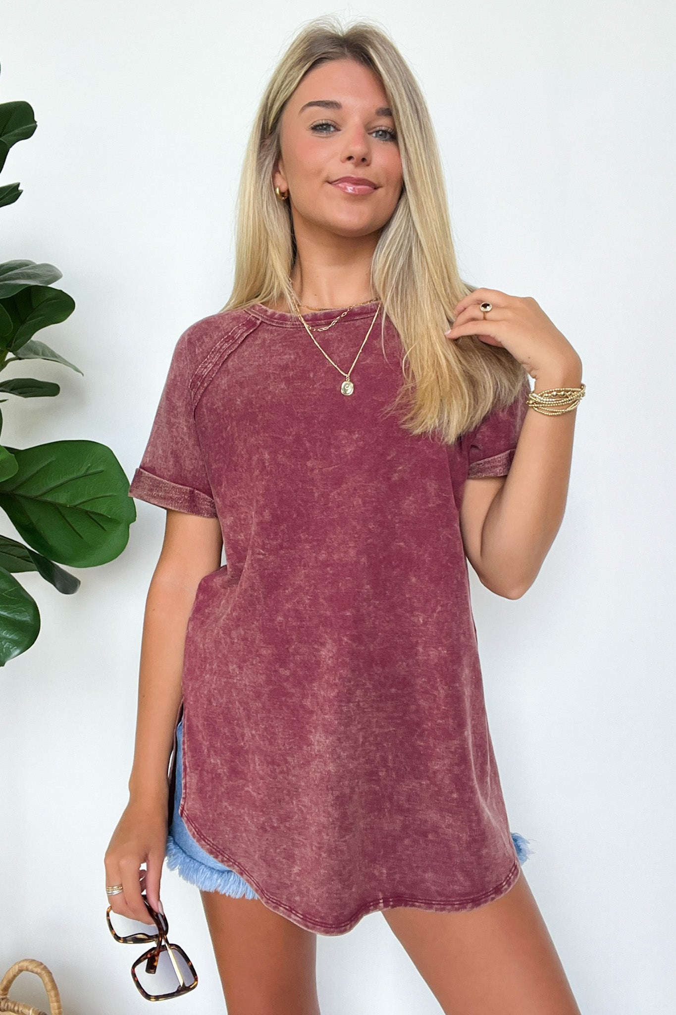  Ashlie Acid Wash Rolled Sleeve Top - BACK IN STOCK - Madison and Mallory