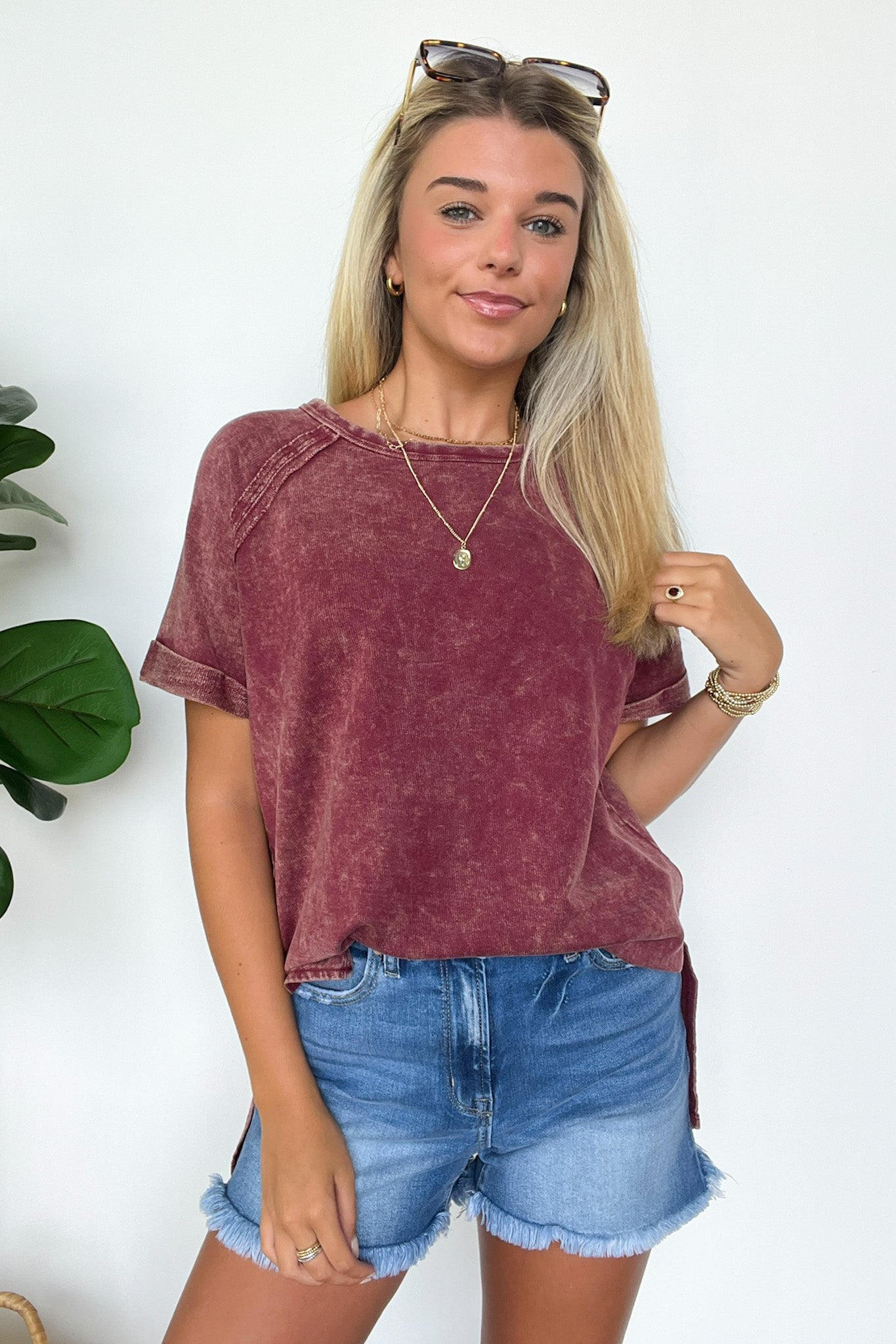 Cabernet / S Ashlie Acid Wash Rolled Sleeve Top - BACK IN STOCK - Madison and Mallory