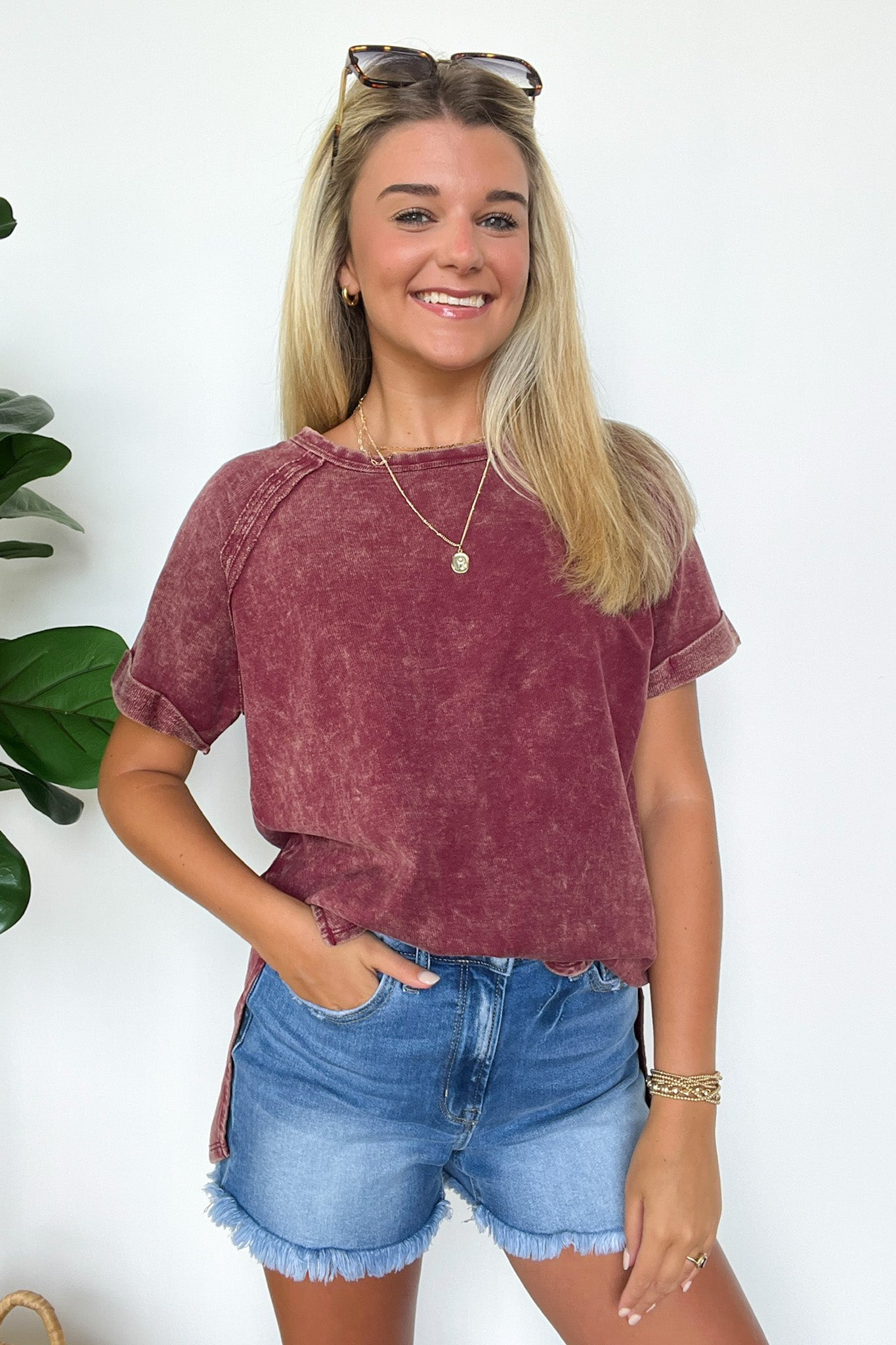  Ashlie Acid Wash Rolled Sleeve Top - BACK IN STOCK - Madison and Mallory