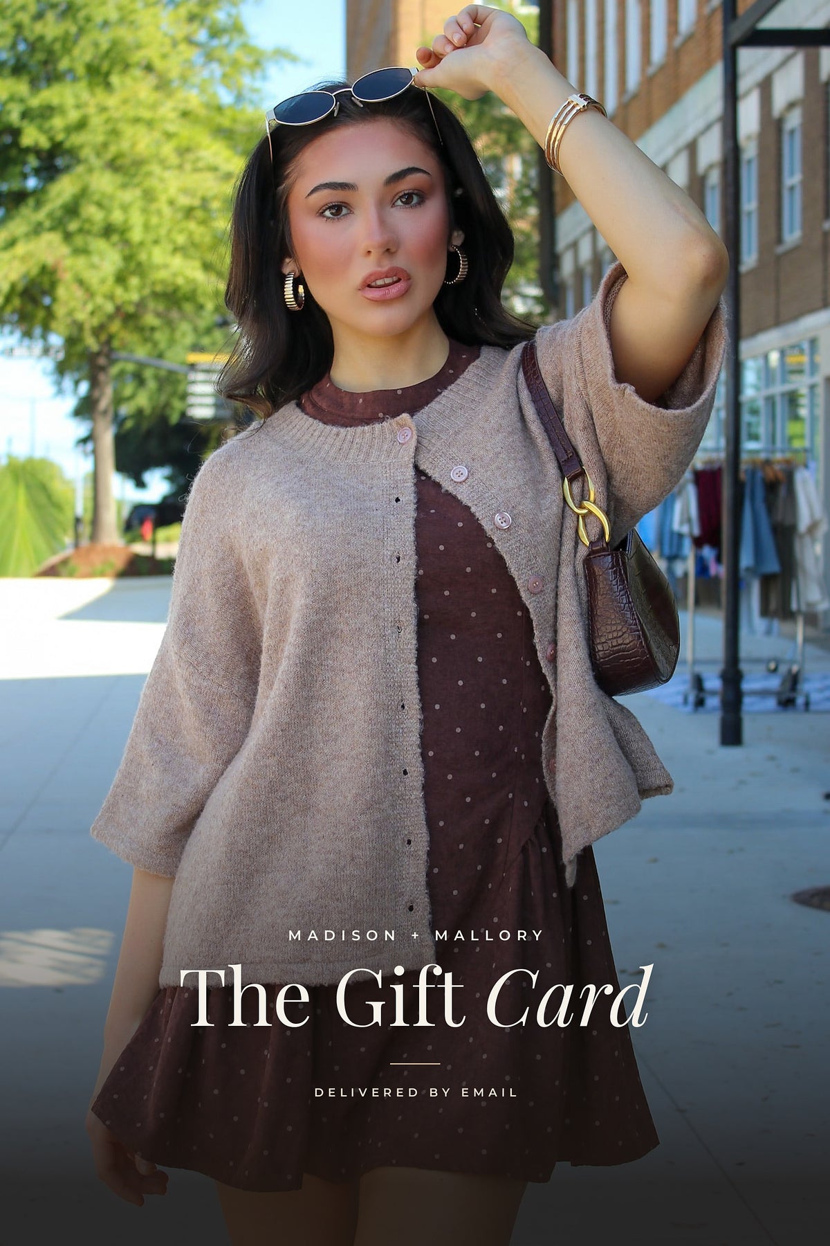 Madison + Mallory gift card with model in a mocha cardigan