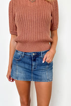 Knit Charm Round Neck Puff Short Sleeve Cable Sweater - Madison and Mallory