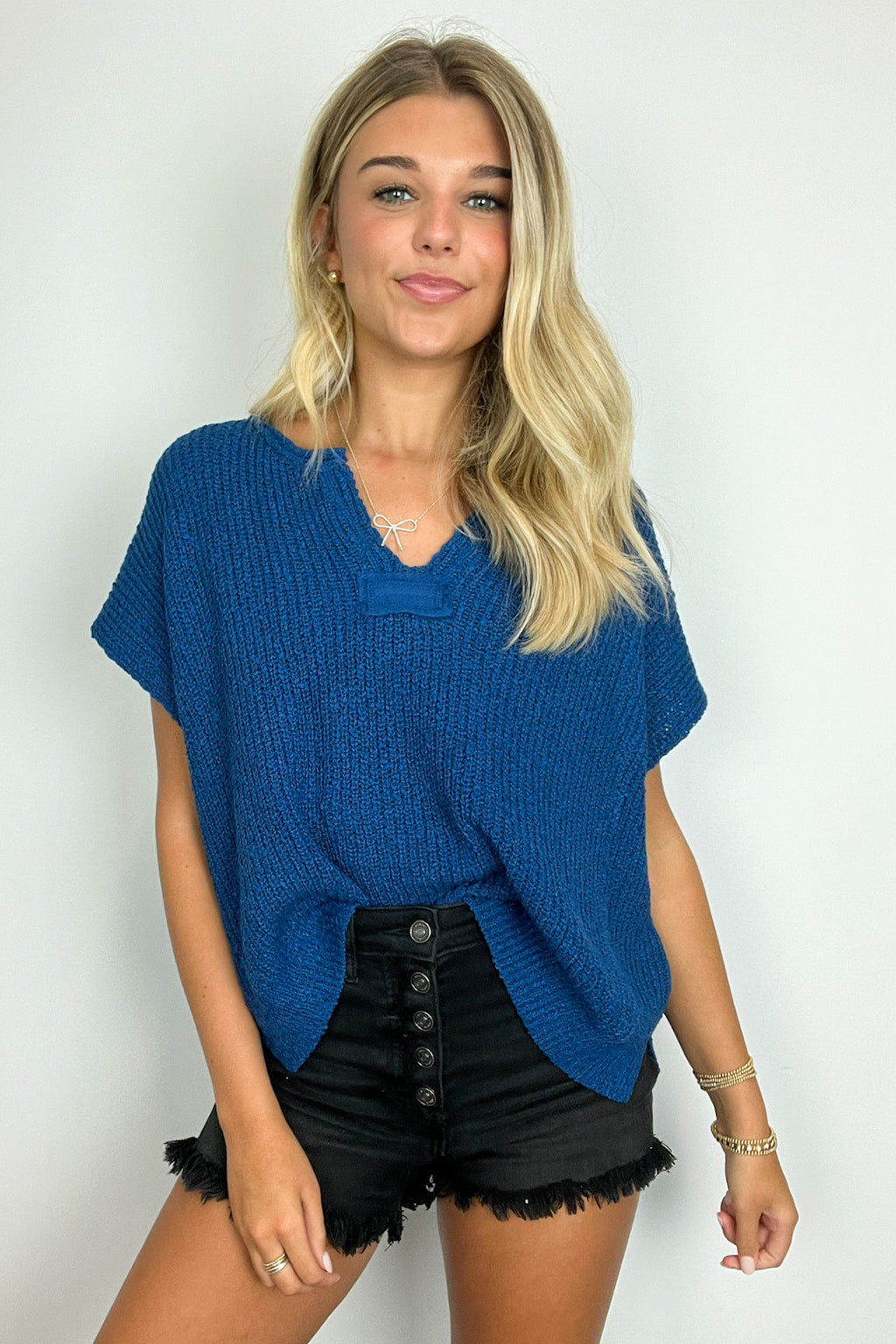 Classic Blue / SM Necessary Charm V-Neck Side Slit Knit Top - Madison and Mallory
