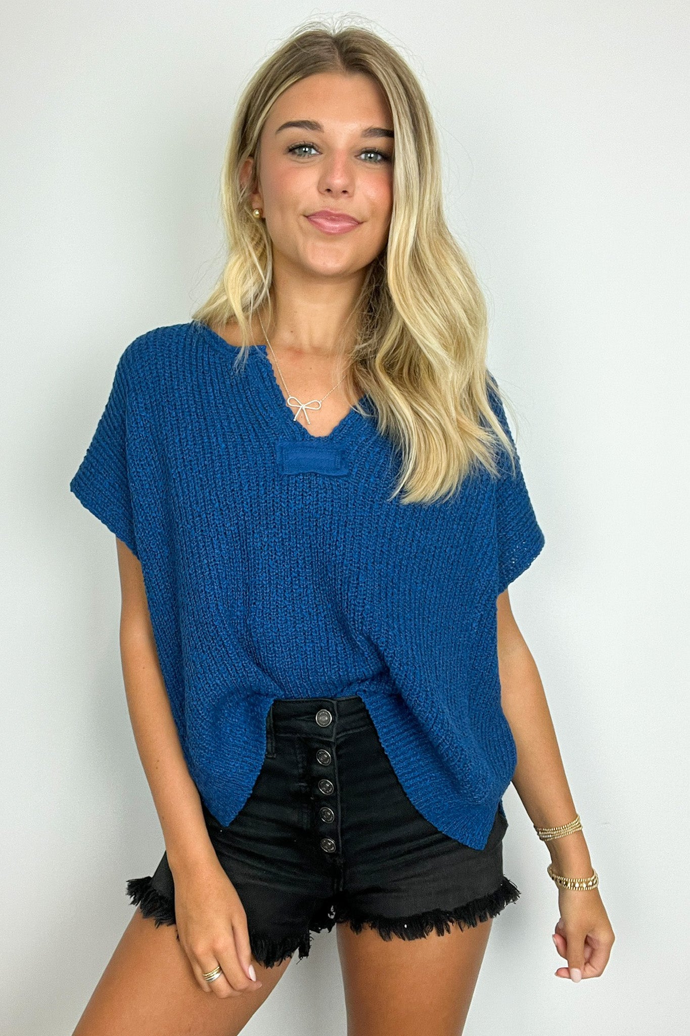 Classic Blue / SM Necessary Charm V-Neck Side Slit Knit Top - BACK IN STOCK - Madison and Mallory