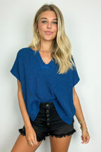 Classic Blue / SM Necessary Charm V-Neck Side Slit Knit Top - Madison and Mallory