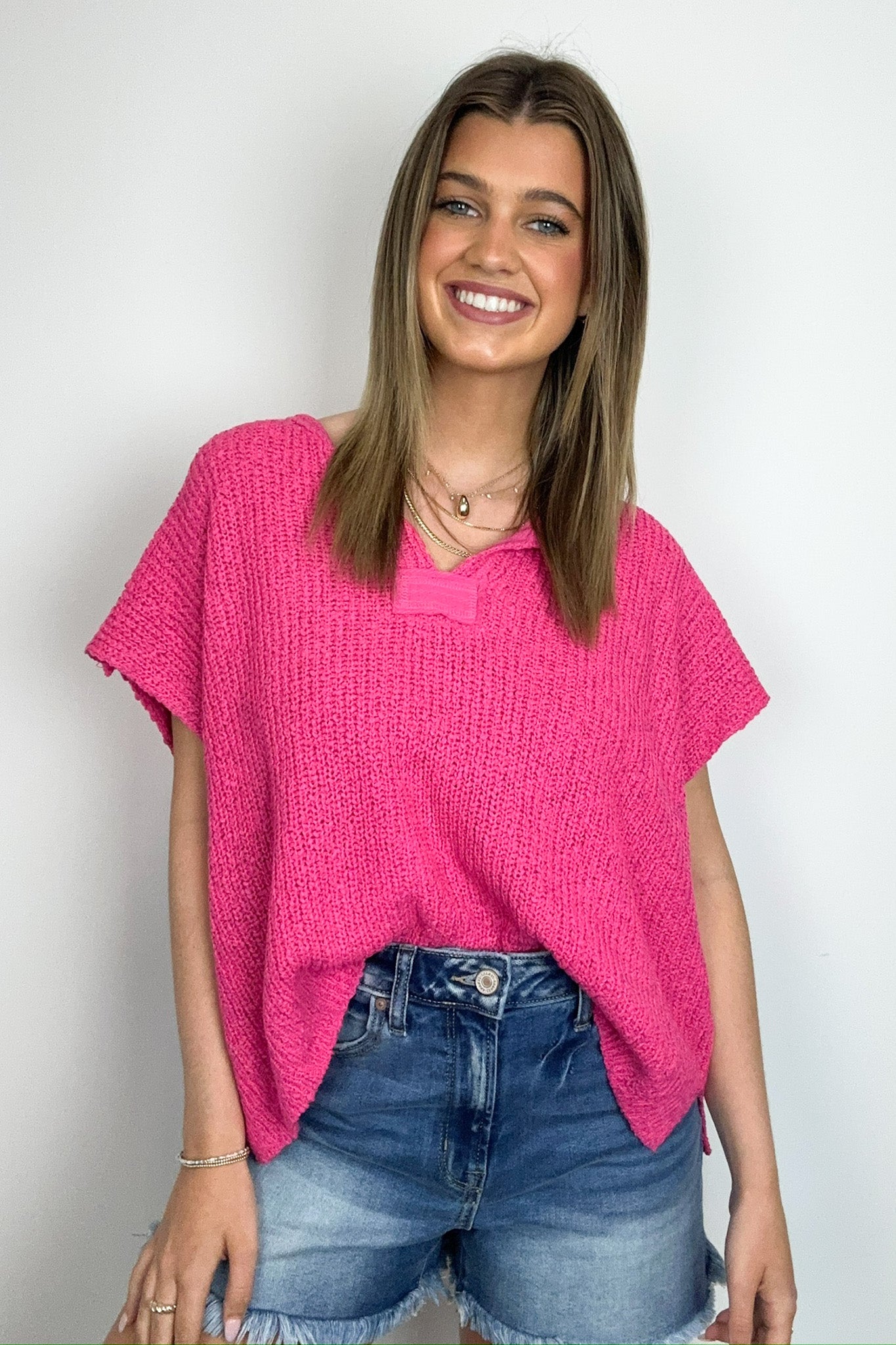 Fuchsia / SM Necessary Charm V-Neck Side Slit Knit Top - BACK IN STOCK - Madison and Mallory