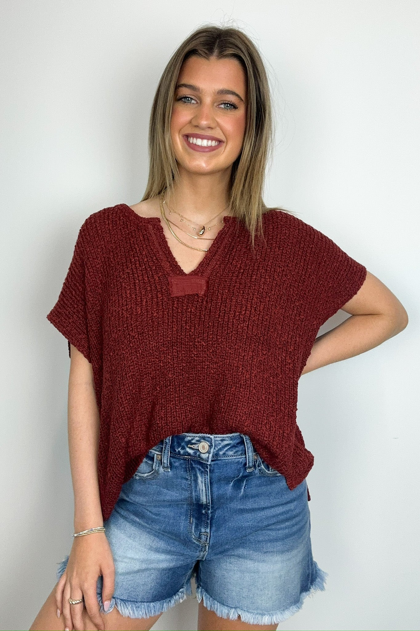 Rust / SM Necessary Charm V-Neck Side Slit Knit Top - BACK IN STOCK - Madison and Mallory