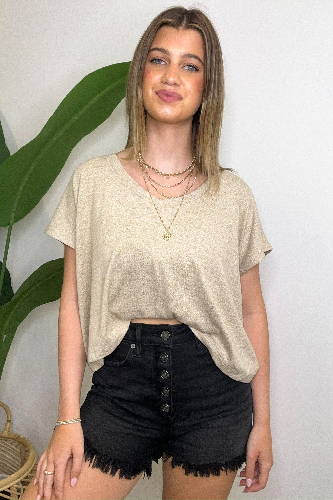 Beige / S Wild Ambition V-Neck Dropped Shoulder Top - Madison and Mallory