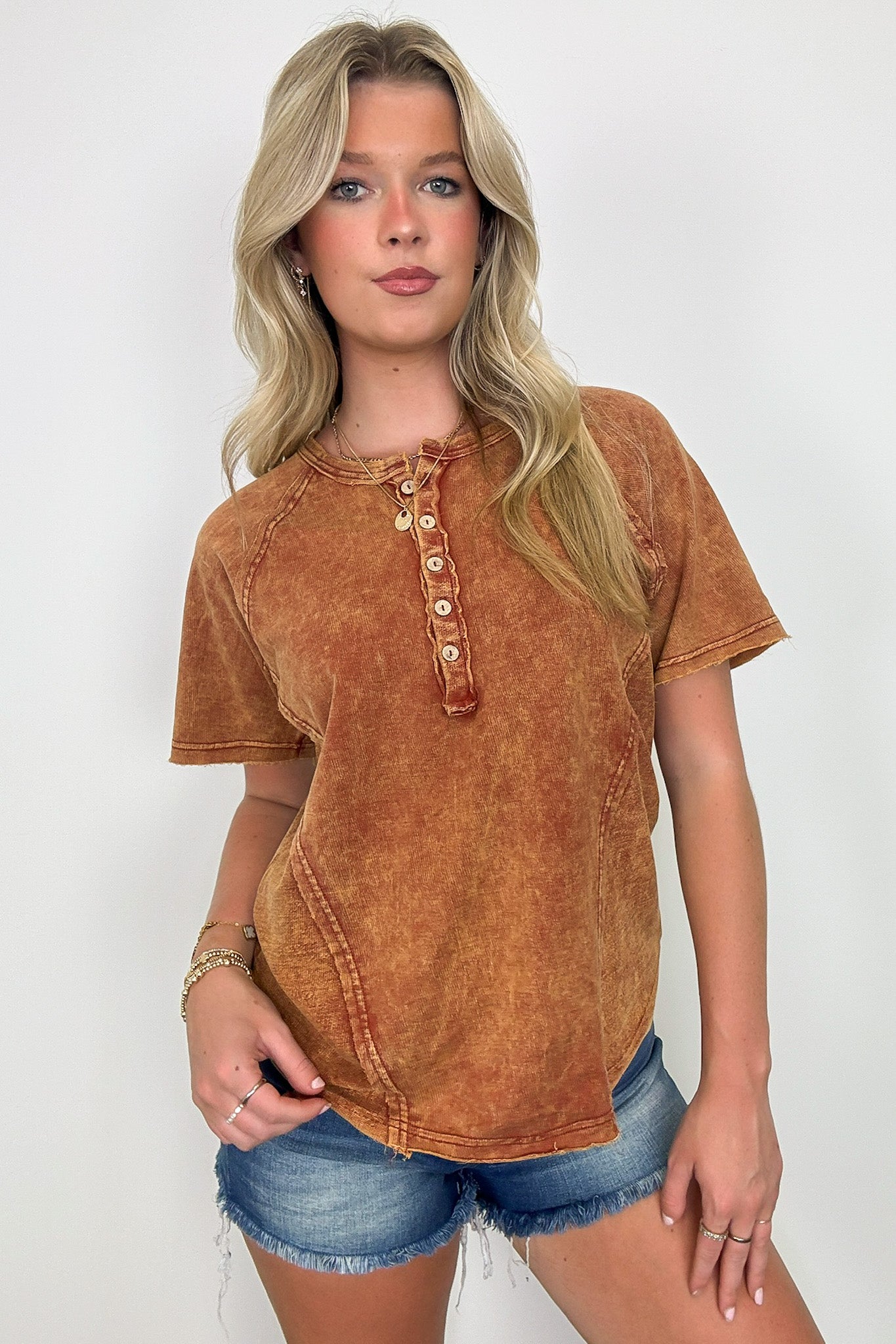  Caleb Acid Wash Raglan Button Henley Top - BACK IN STOCK - Madison and Mallory