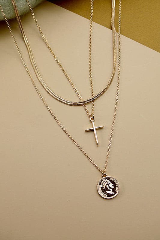  Tomorrow and Always Multi Layered Cross and Coin Layered Necklace - Madison and Mallory