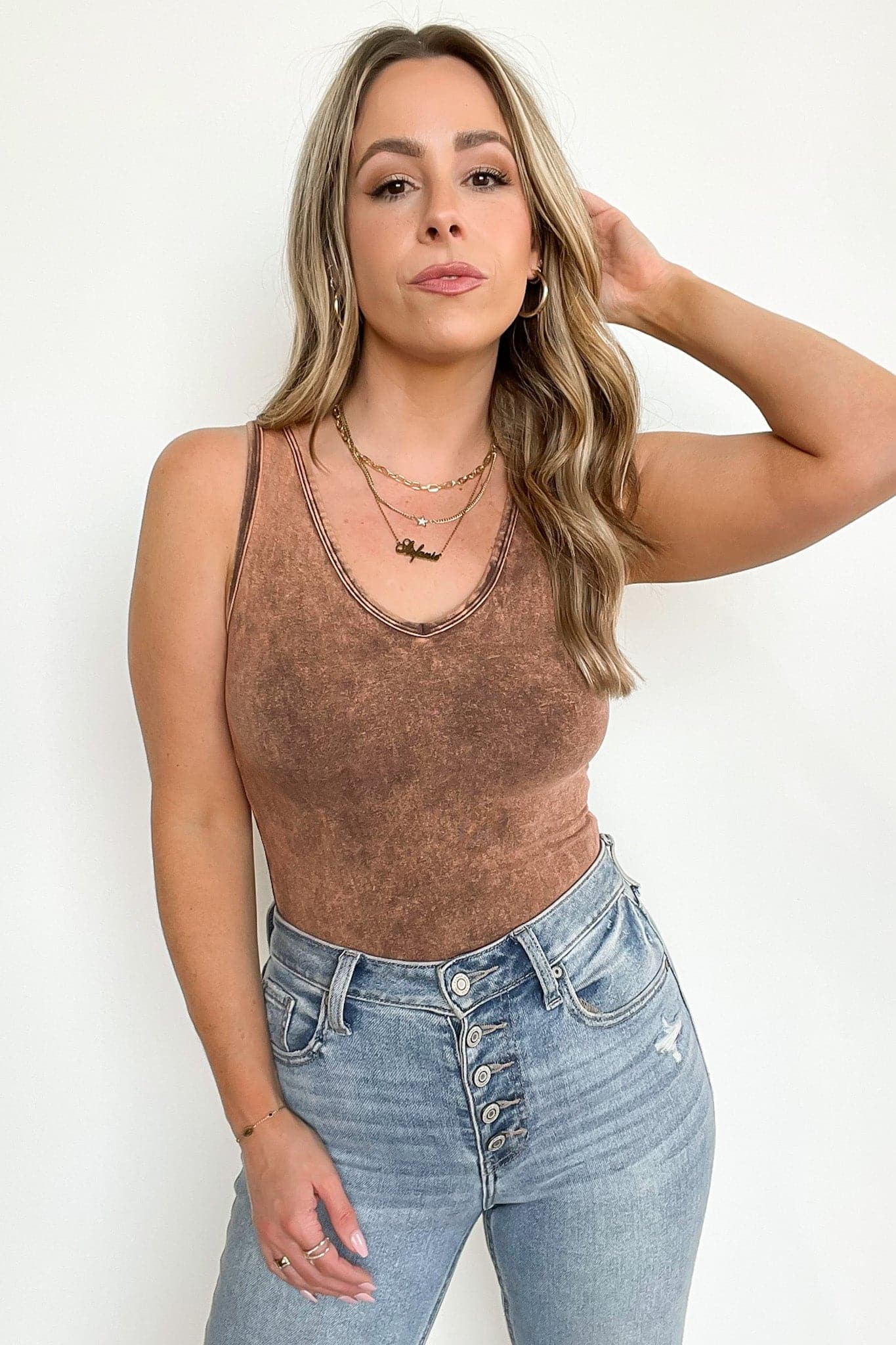 Rust Brown / S Adellie Acid Wash V-Neck Bodysuit - Madison and Mallory