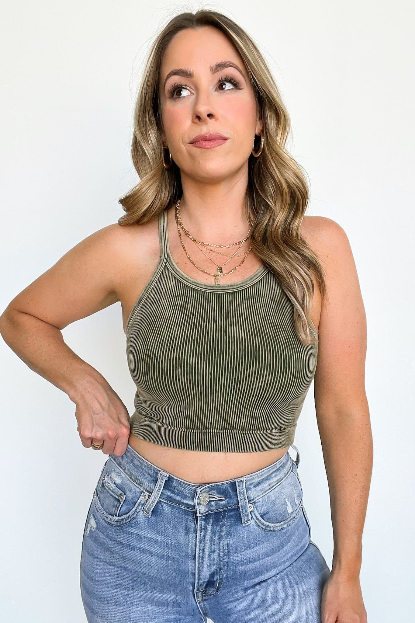 Dark Olive / SM Aimara Washed Ribbed Seamless Cropped Top - BACK IN STOCK - Madison and Mallory