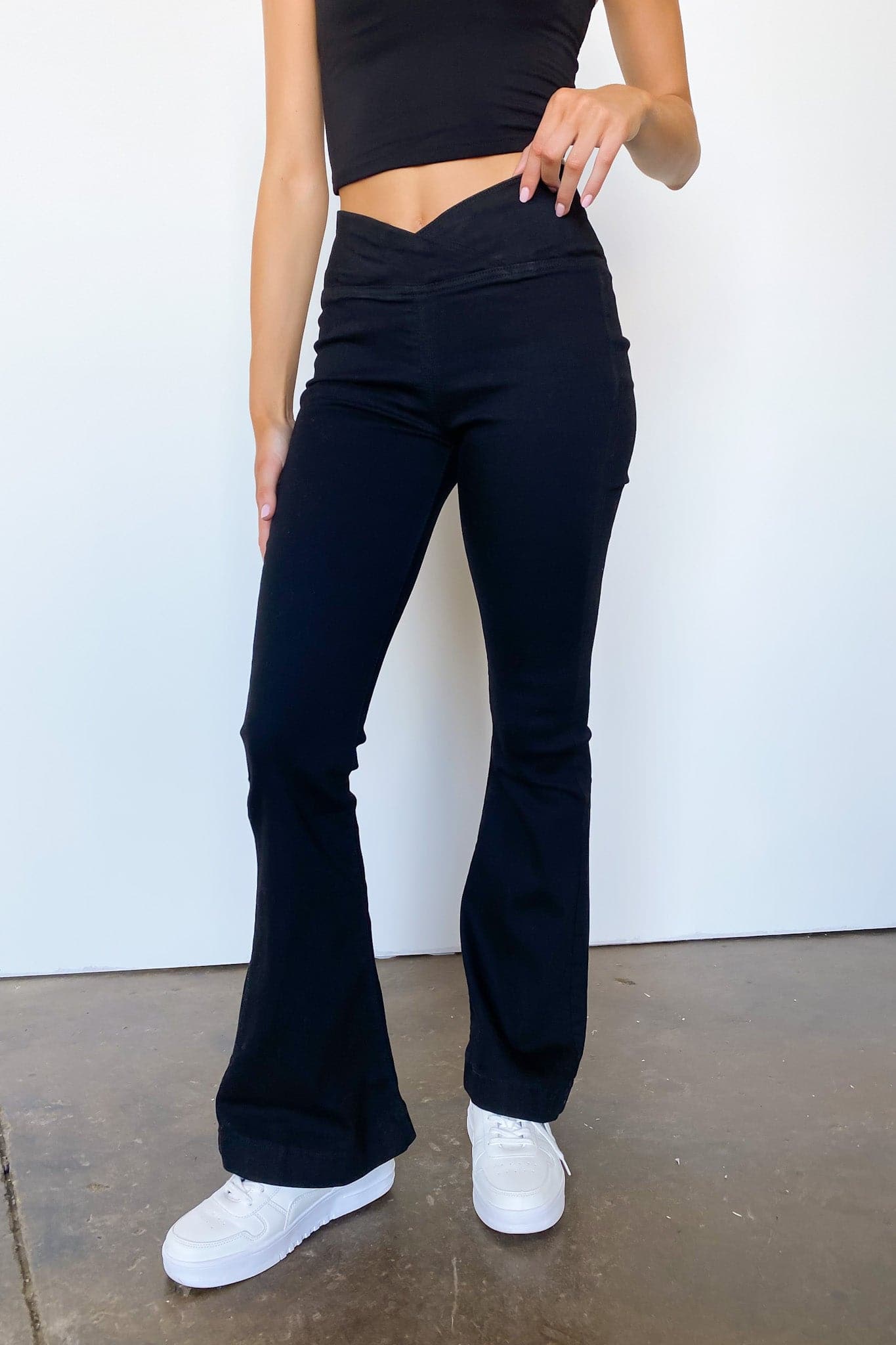S / Black Alaiah Crossover V-Waist Pull On Flare Jeans - Madison and Mallory