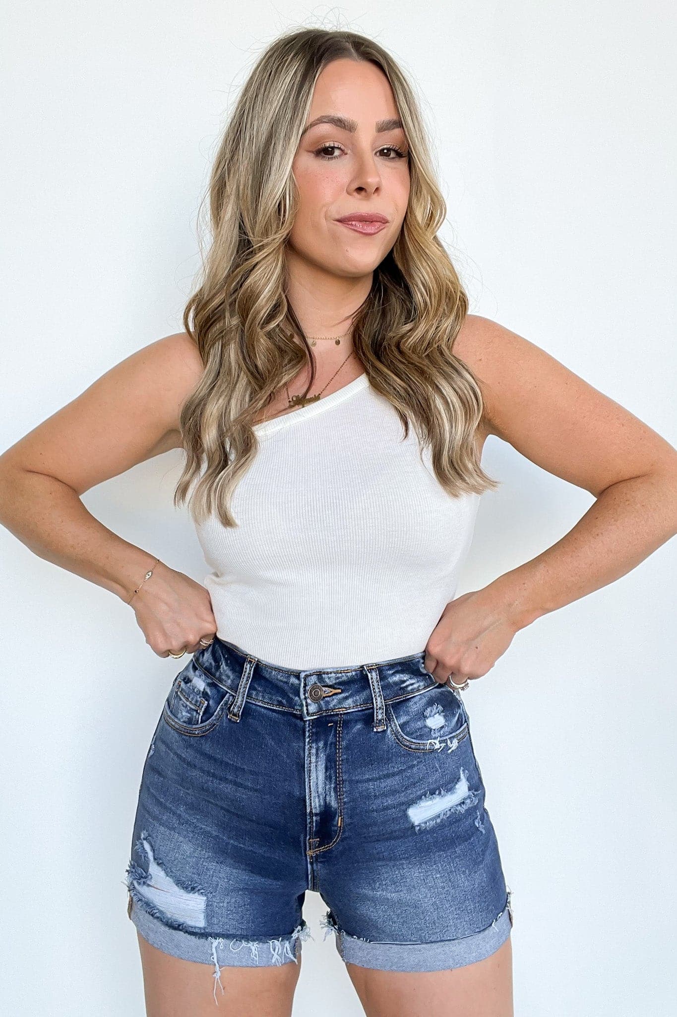  Alisay Distressed Cuffed Raw Hem Denim Shorts - Madison and Mallory