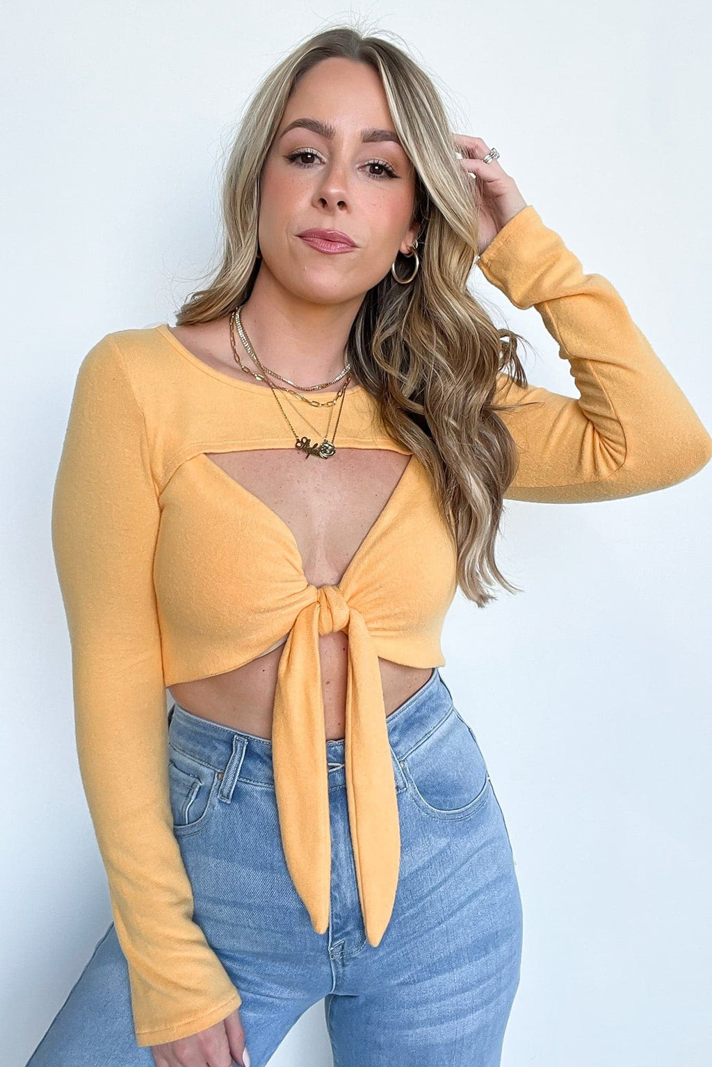  Alize Long Sleeve Tie Front Cropped Top - FINAL SALE - Madison and Mallory