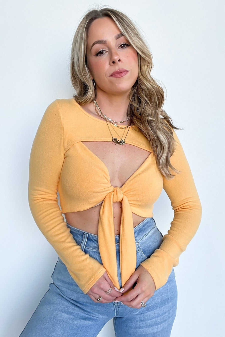 S / Apricot Alize Long Sleeve Tie Front Cropped Top - FINAL SALE - Madison and Mallory