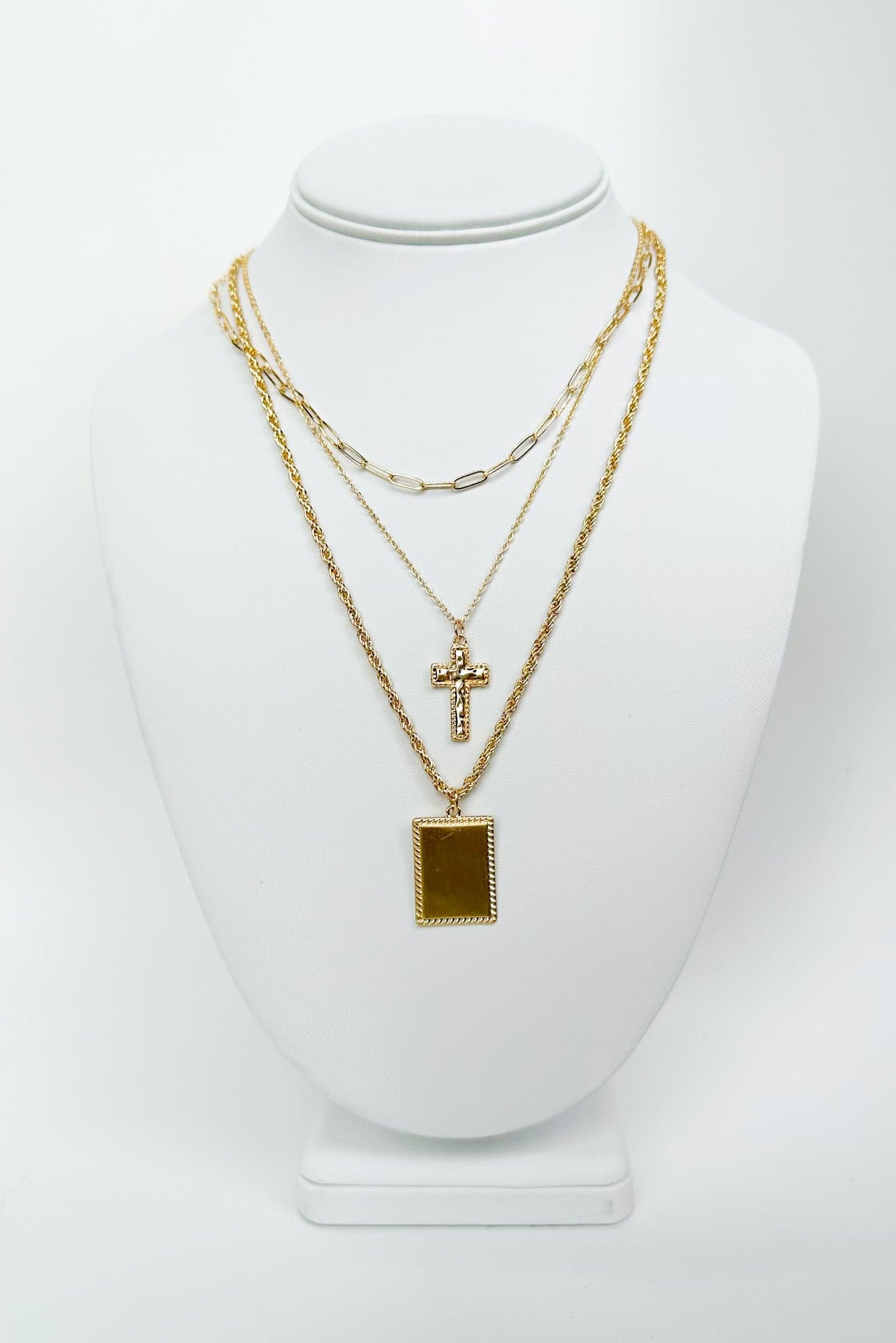 Gold Alluring Admiration Cross and Tag Layered Necklace - Madison and Mallory