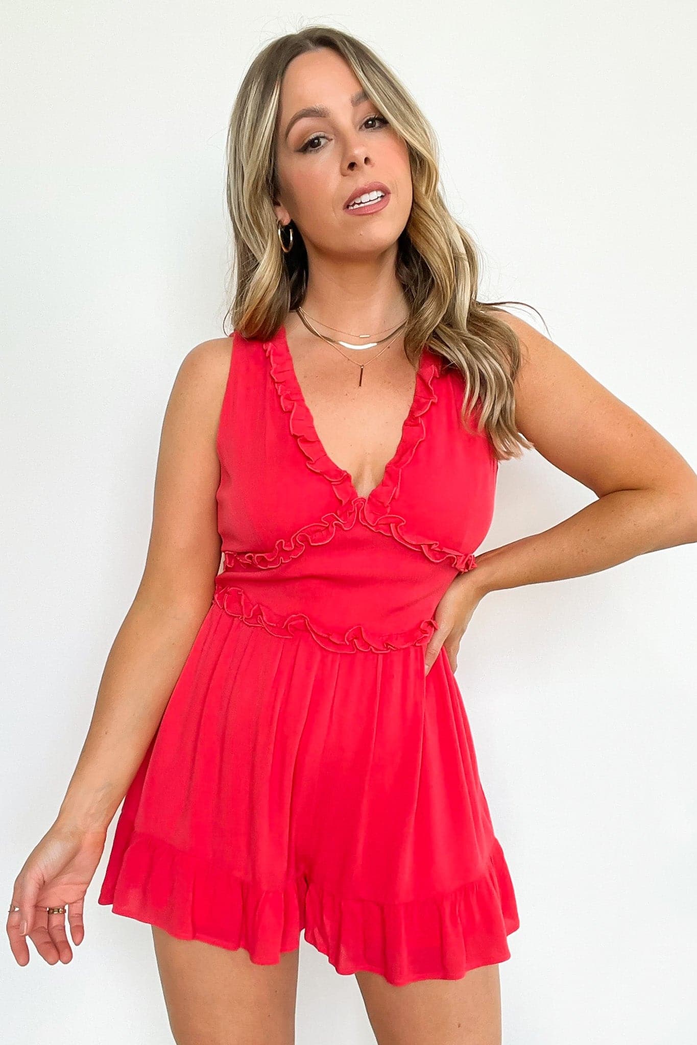 S / Tomato Amiah V-Neck Ruffle Detail Romper - FINAL SALE - Madison and Mallory