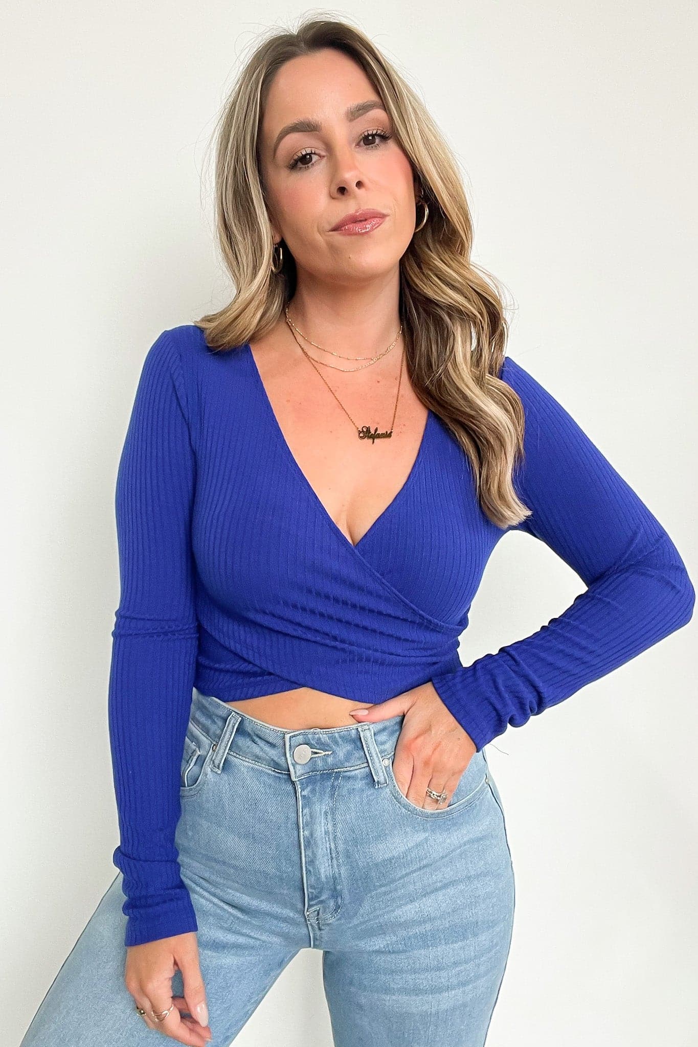 Bright Blue / S Andra Ribbed Wrap Crop Top - Madison and Mallory