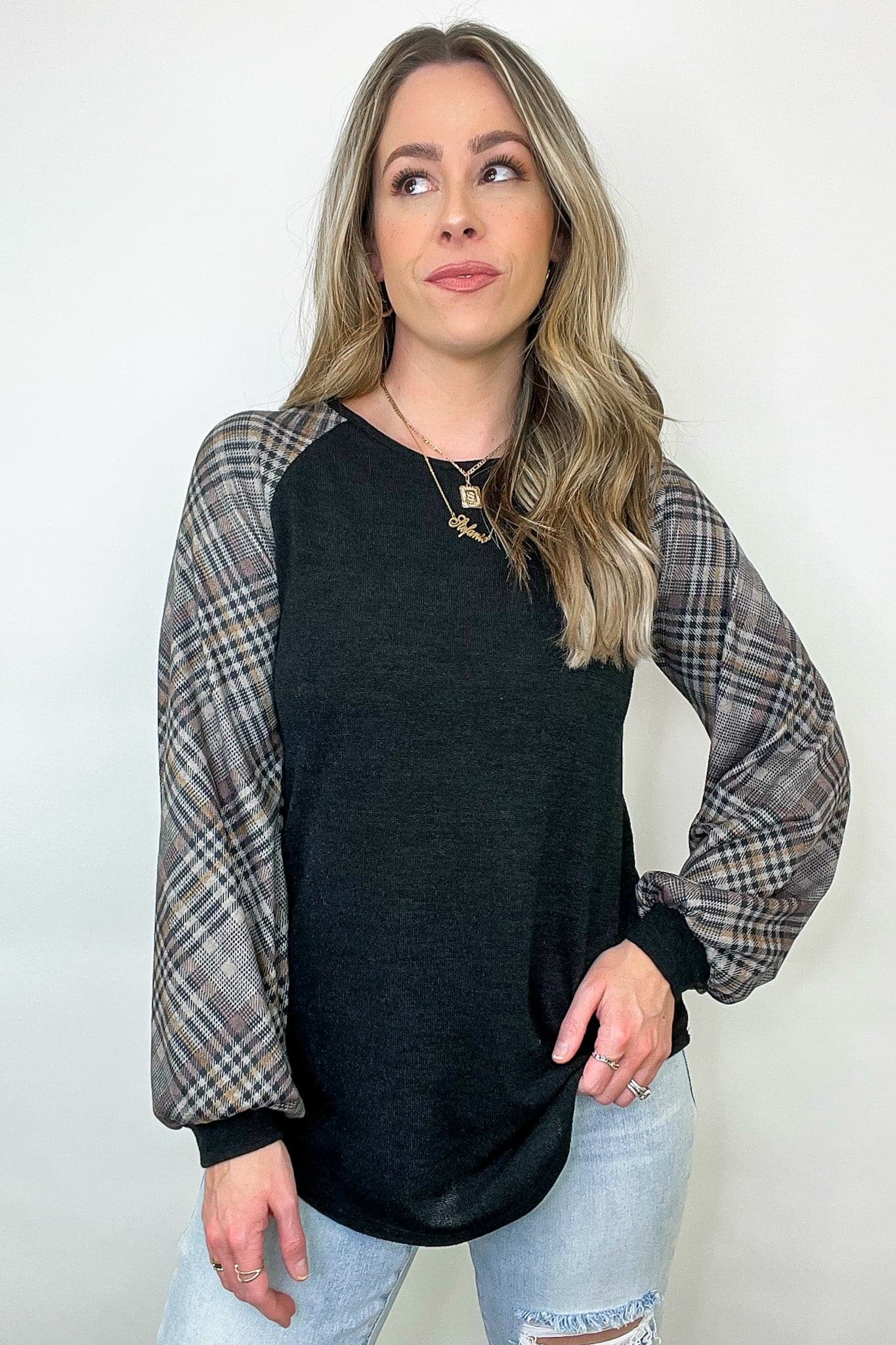 S / Black Andriah Plaid Contrast Sleeve Top - FINAL SALE - Madison and Mallory