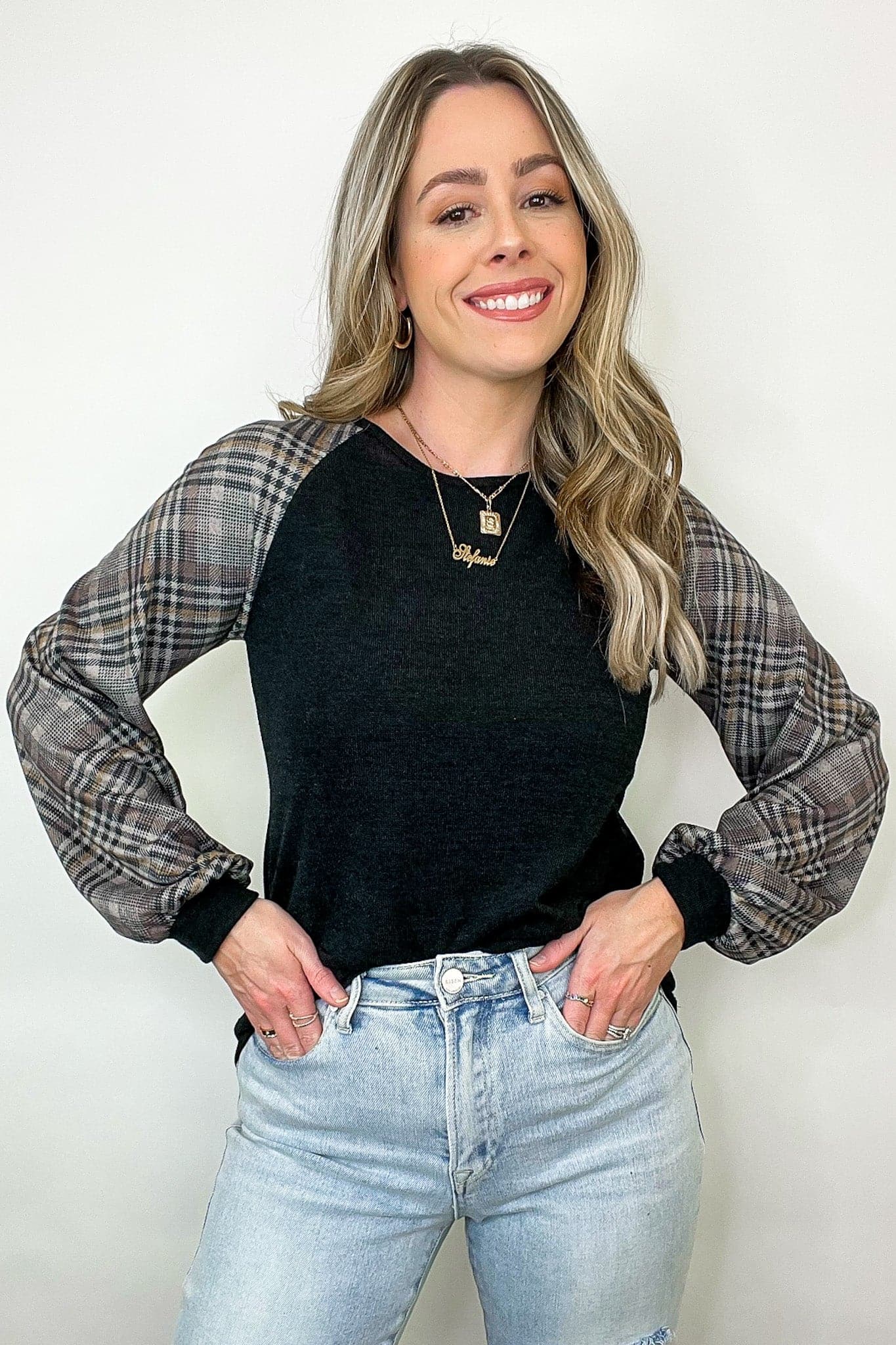  Andriah Plaid Contrast Sleeve Top - FINAL SALE - Madison and Mallory