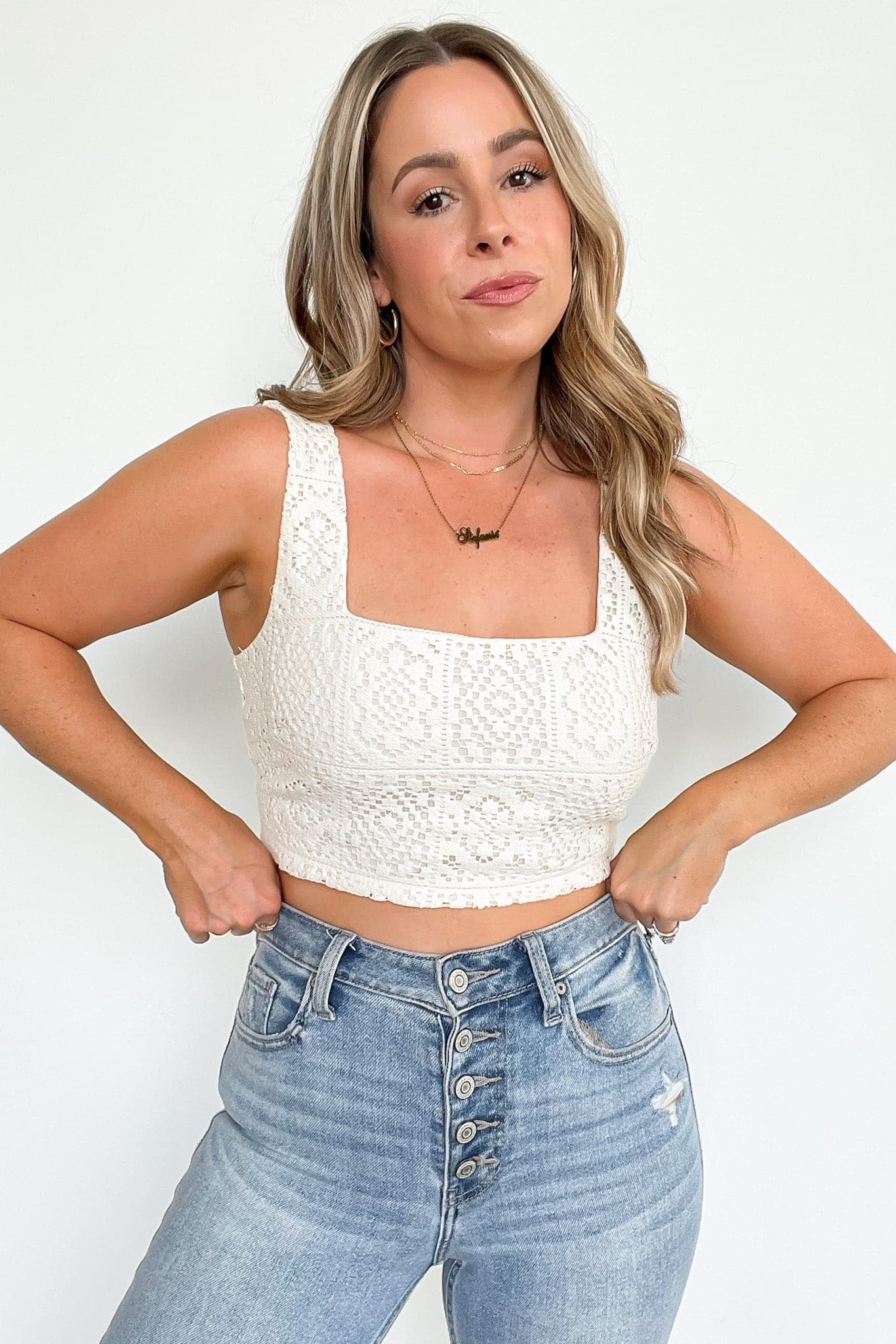 Cream / S Arylee Embroidered Square Neck Crop Top - FINAL SALE - Madison and Mallory