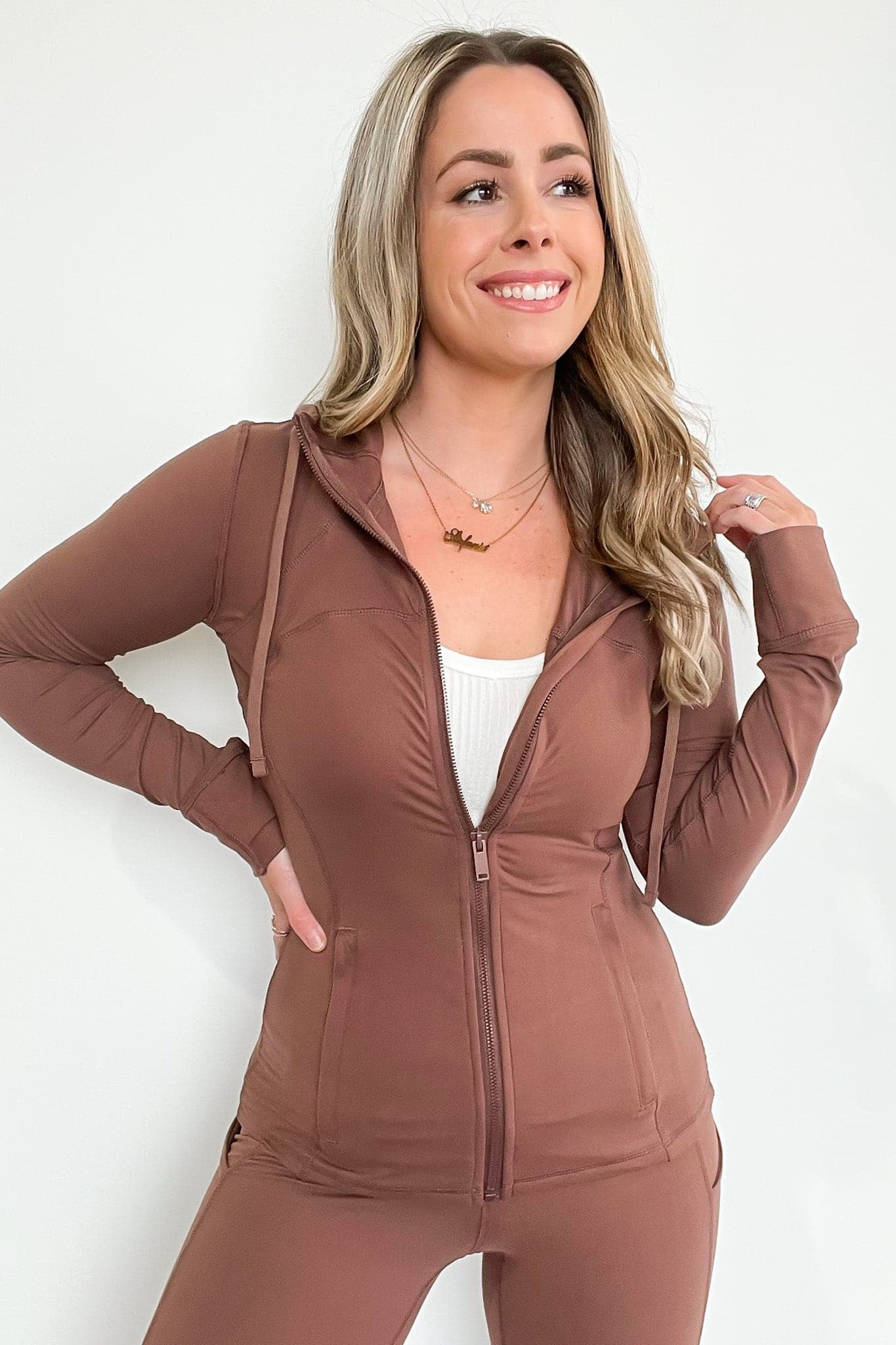 Smoky Topaz / S Athenia Zip Front Hooded Athleisure Jacket - Madison and Mallory