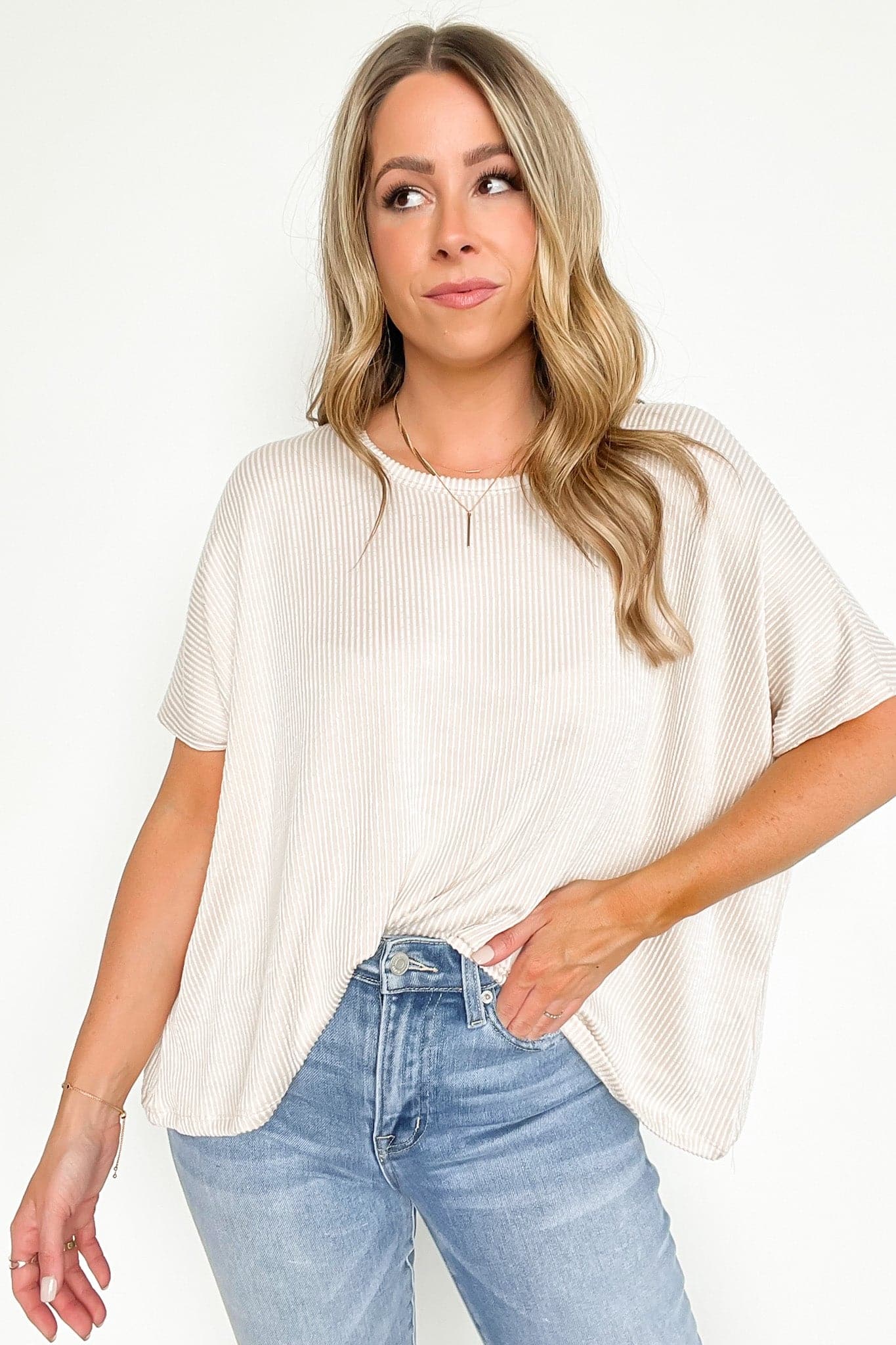 Sand Beige / SM Beatryx Two Tone Rib Knit Oversized Top - BACK IN STOCK - Madison and Mallory