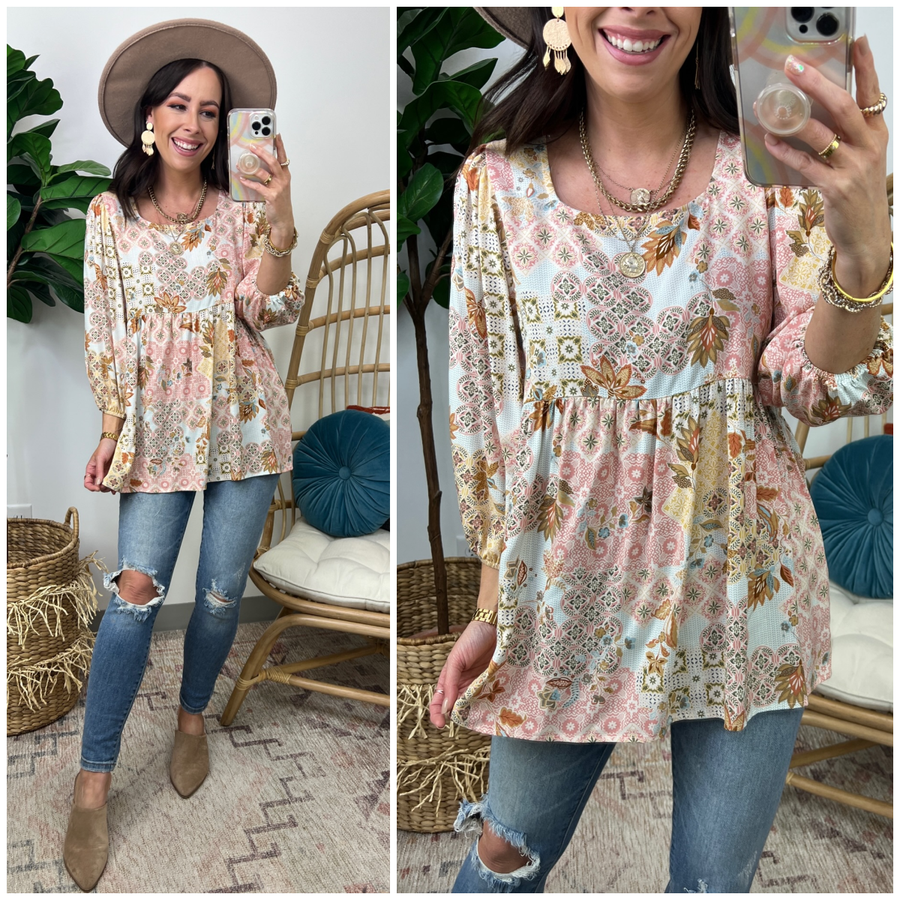  Blossoming Bliss Patchwork Floral Babydoll Top - FINAL SALE - Madison and Mallory