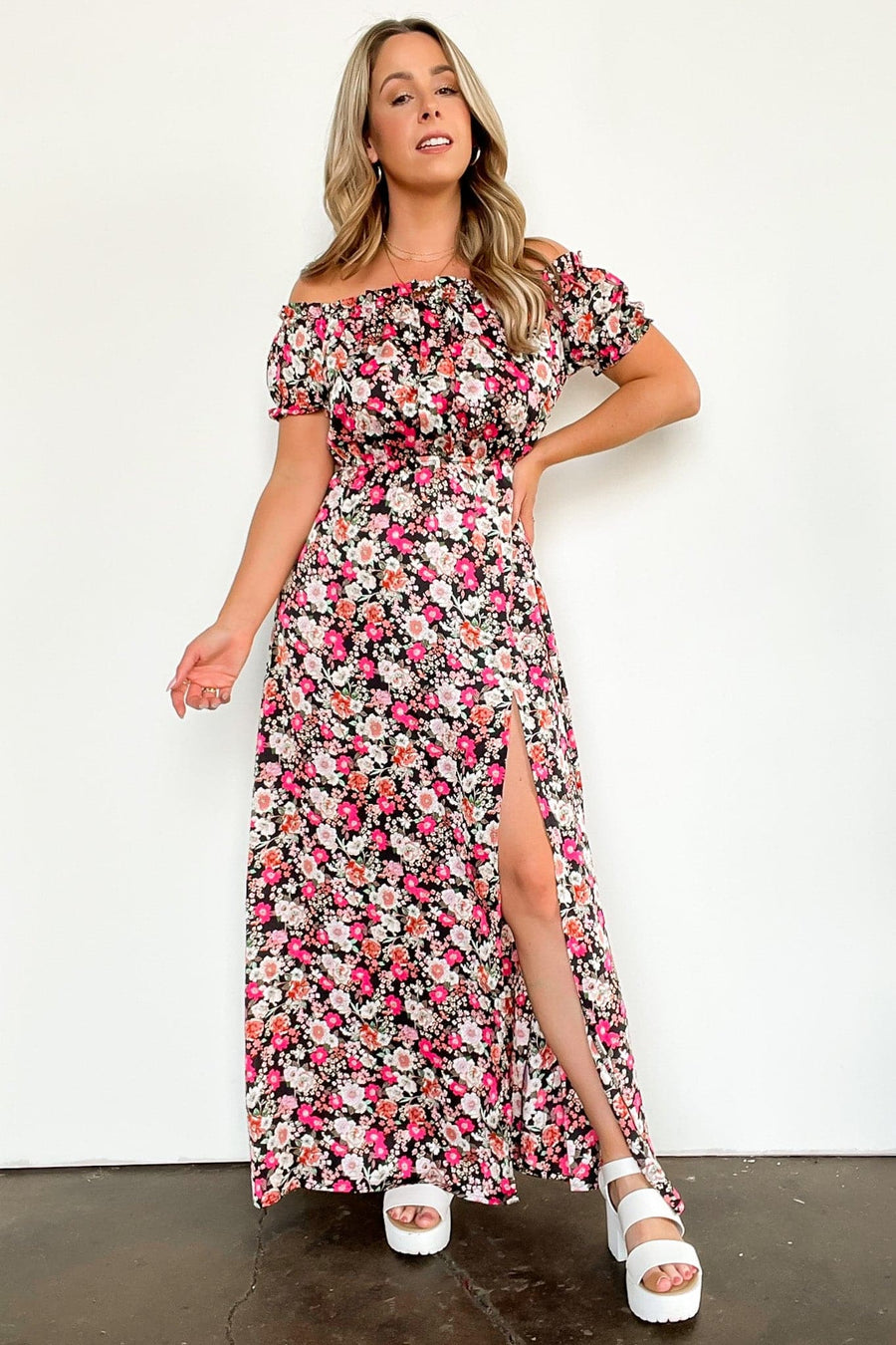  Blossoming Love Floral Off Shoulder Maxi Dress - FINAL SALE - Madison and Mallory