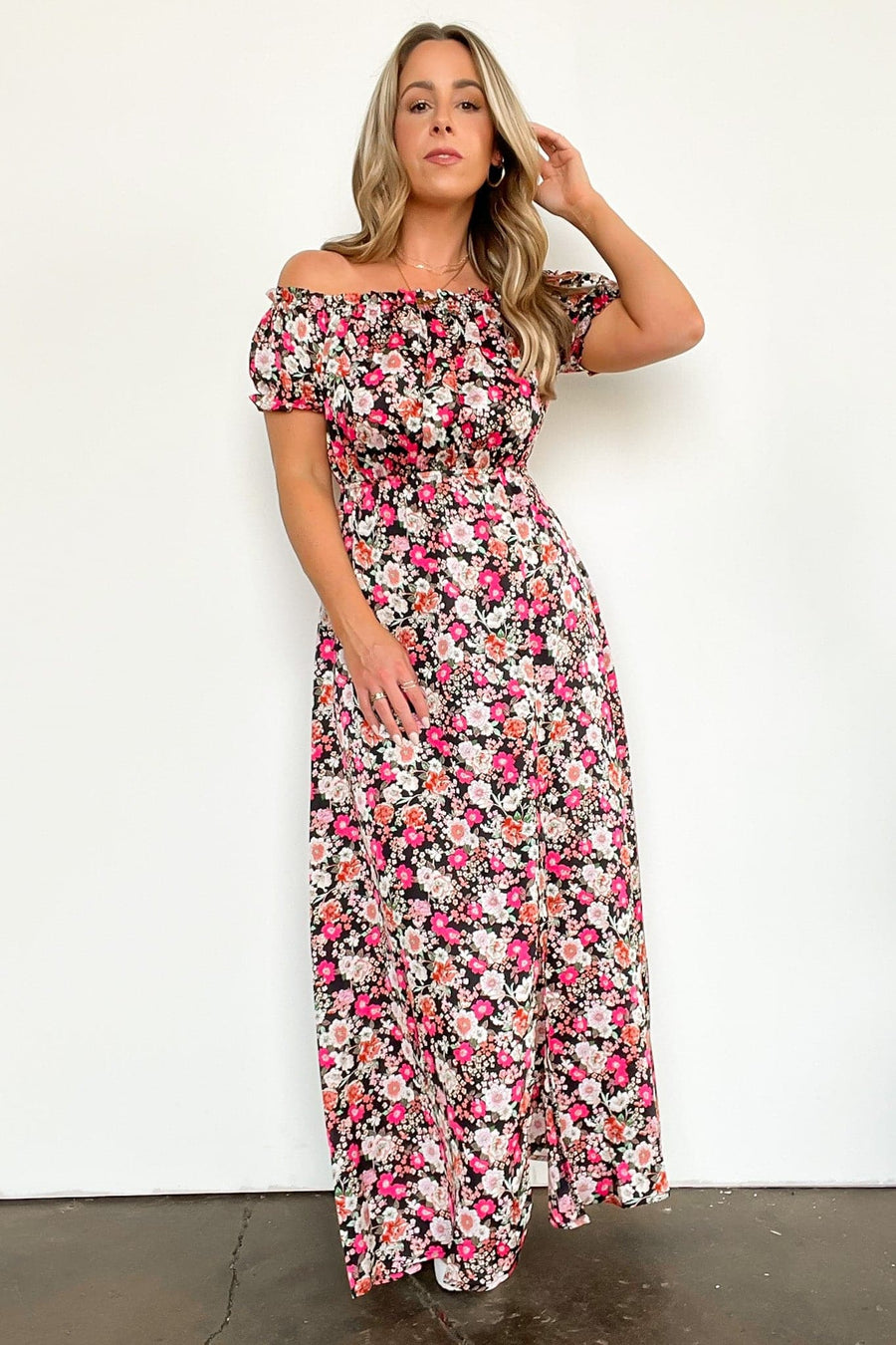 S / Black Blossoming Love Floral Off Shoulder Maxi Dress - FINAL SALE - Madison and Mallory
