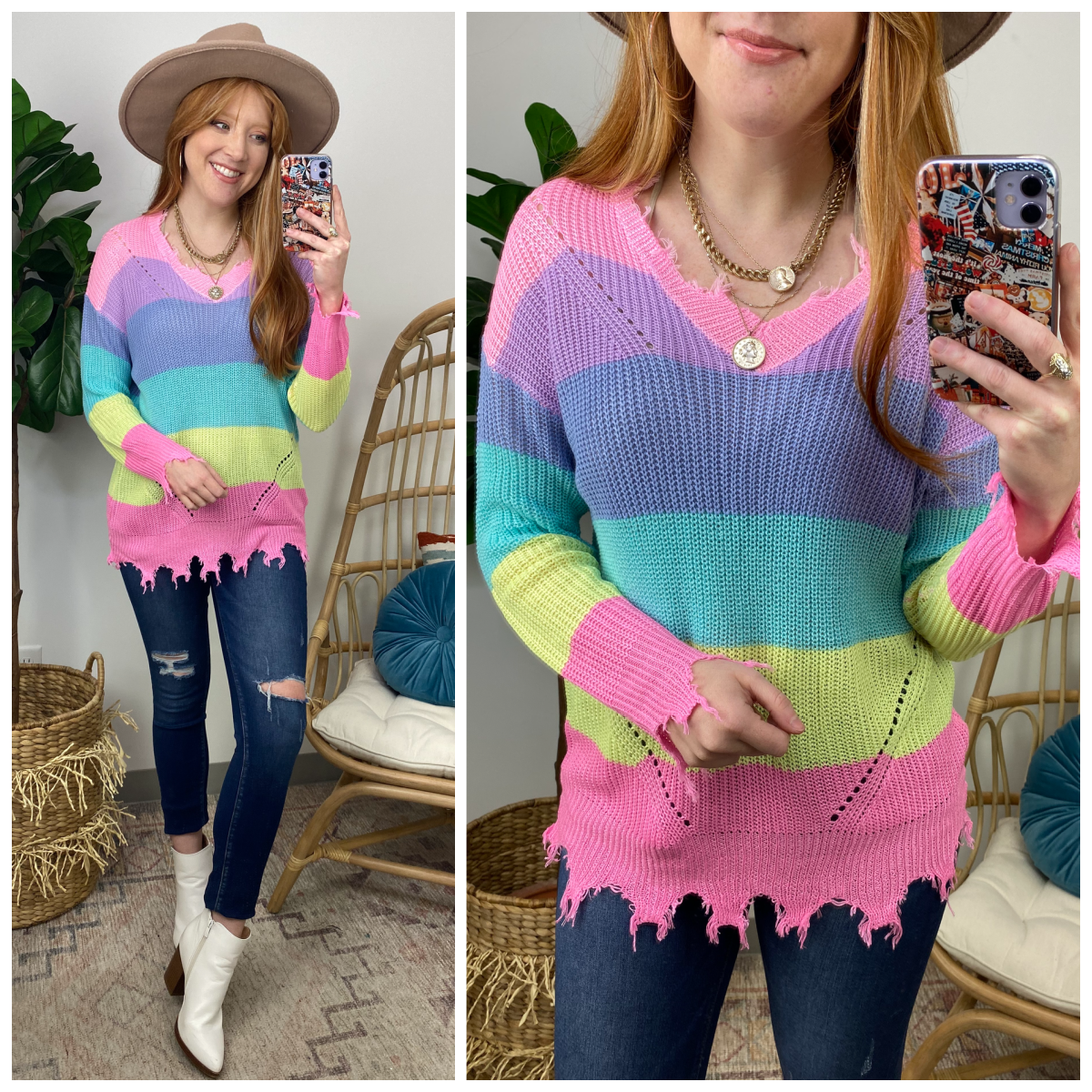  Boost of Confidence Distressed Rainbow Knit Sweater - Madison and Mallory