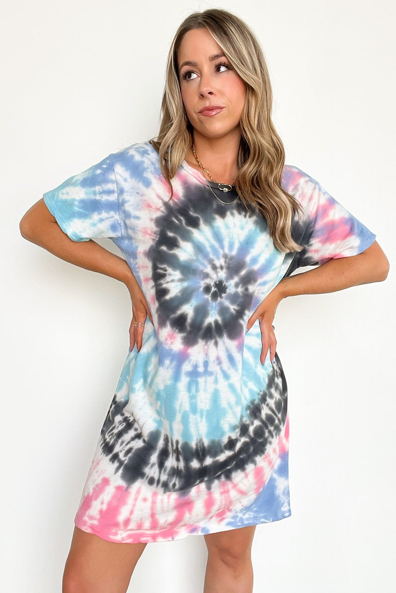 S / Blue/Pink/Black Multi Bragging Rights Tie Dye T-Shirt Dress - FINAL SALE - Madison and Mallory