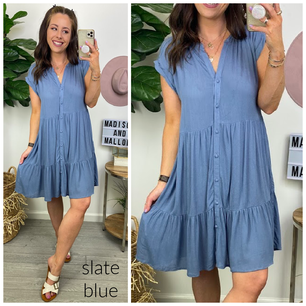 Slate Blue / S Brayla Tiered Button Down Babydoll Dress - Madison and Mallory