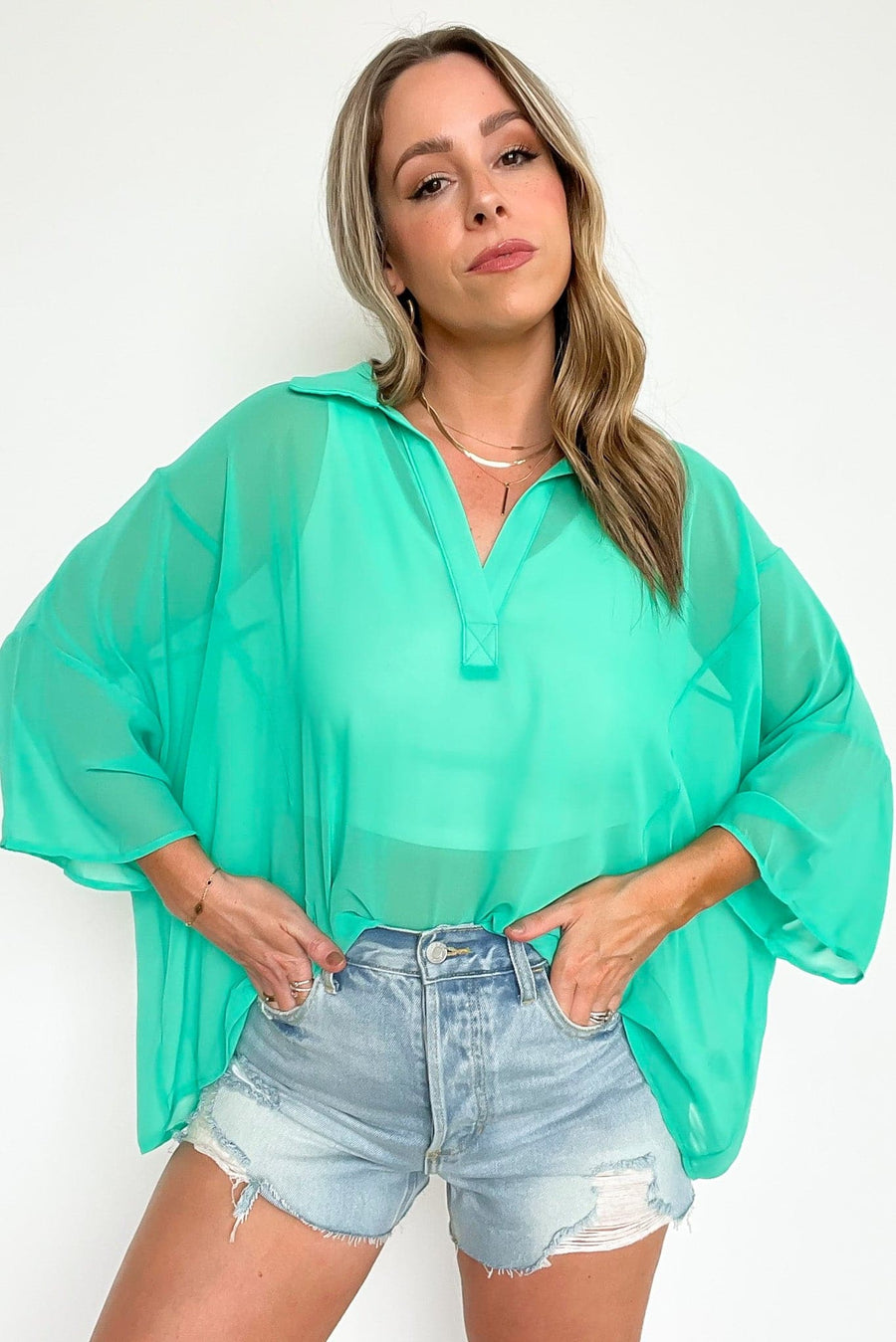 Mint / S Breena Oversized Collared Chiffon Top - FINAL SALE - Madison and Mallory