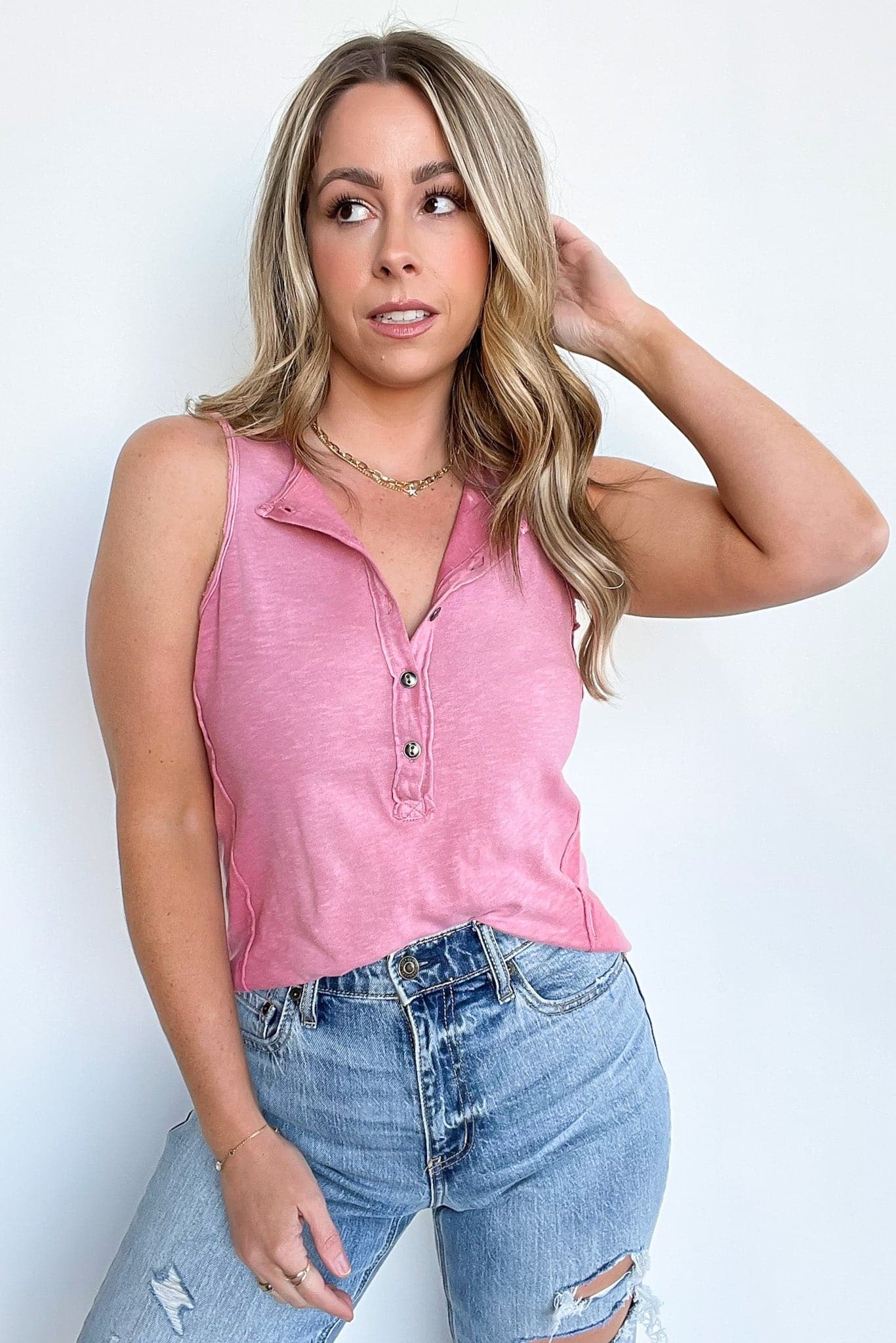Rose Pink / S Breeze Along Button Down Raw Edge Tank Top - BACK IN STOCK - Madison and Mallory