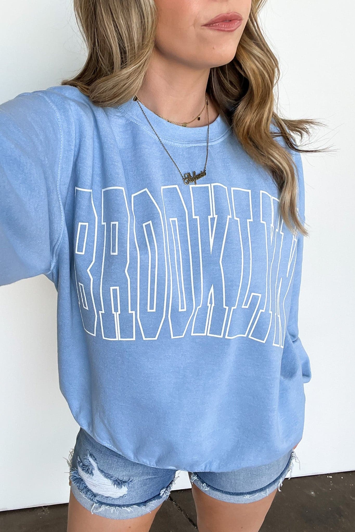 SM / Misty Blue Brooklyn Oversized Vintage Graphic Pullover - Madison and Mallory