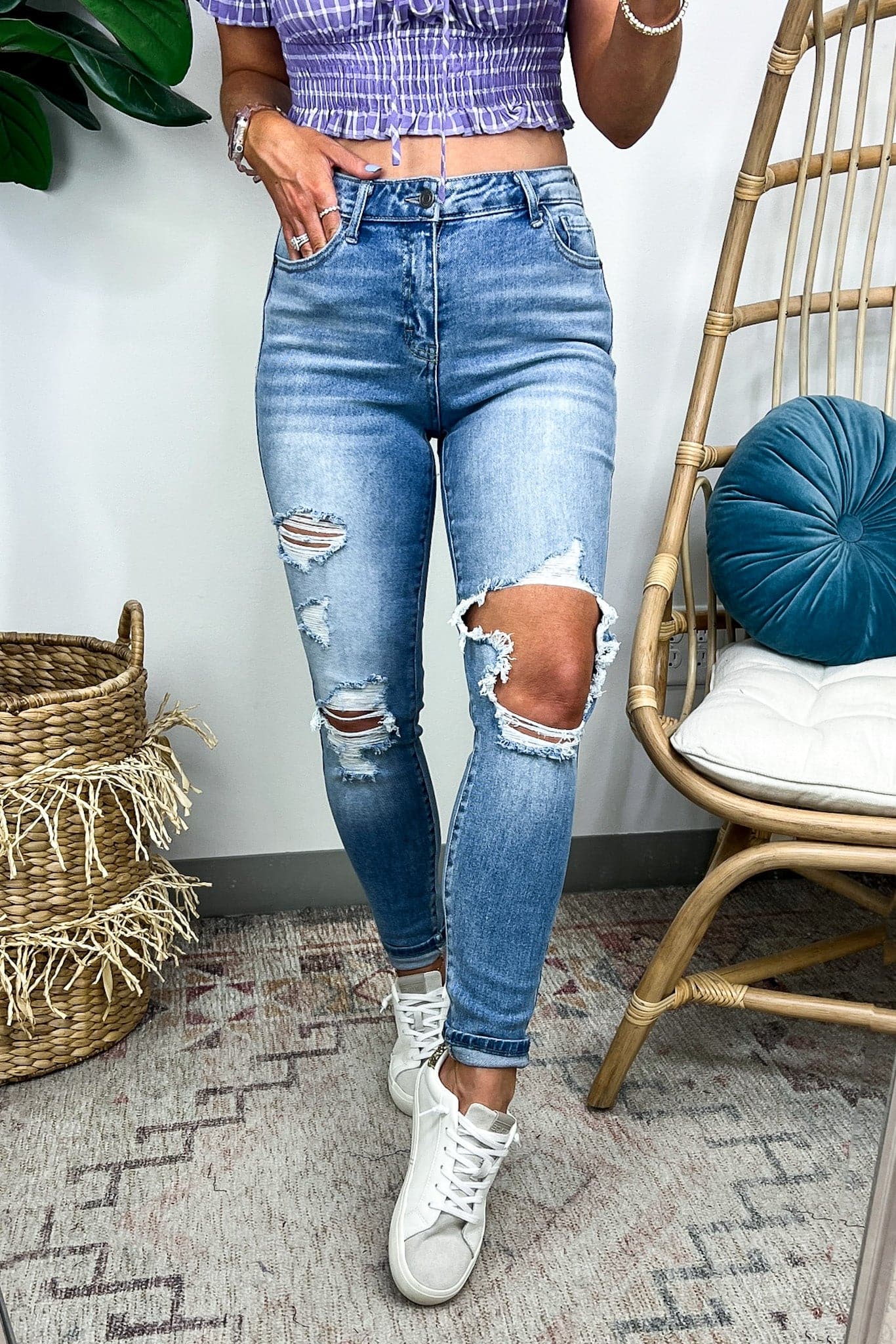 1 / Medium Denim Caballera Distressed Cuffed Crop Skinny Jeans - Madison and Mallory