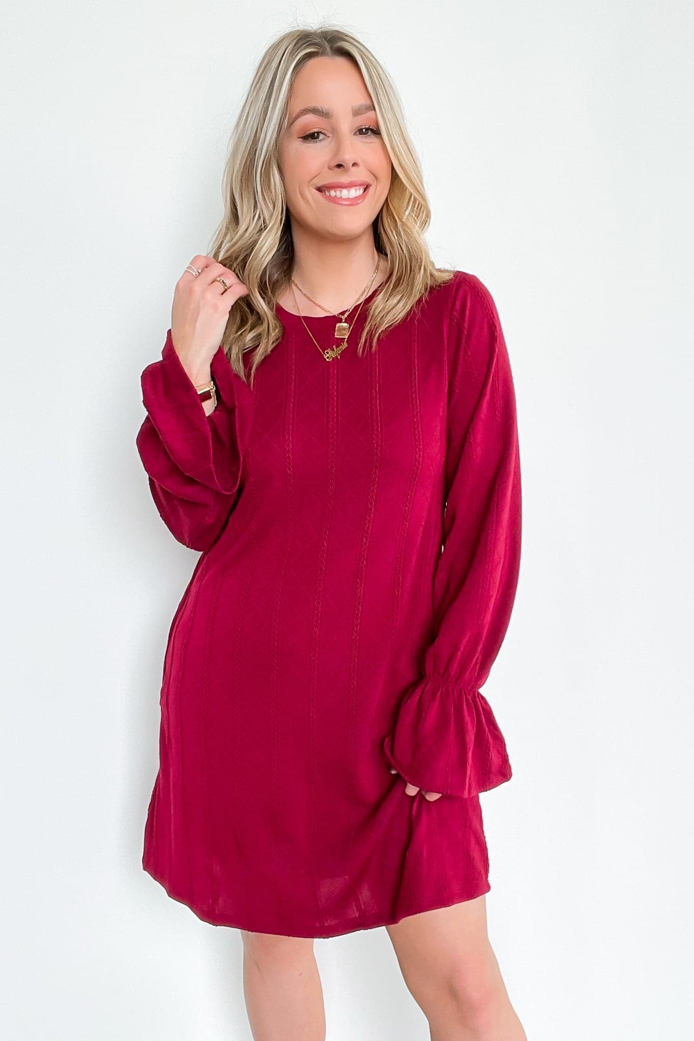 Wine / S Call Me Cozy Cable Knit Bell Sleeve Dress - FINAL SALE - Madison and Mallory